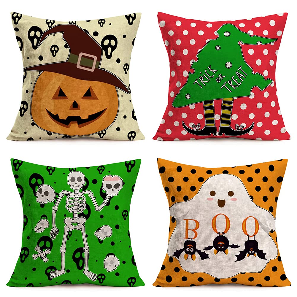Happy Halloween Throw Pillow Covers 18x18 Inch Set of 4 - Cotton Linen Cushion Cases with Cartoon Pumpkin, Lantern, Witch Hat, Skull & Ghost Designs - Cute Animal Fall Decor for Living Room, Sofa, Bedroom & Party Decorations