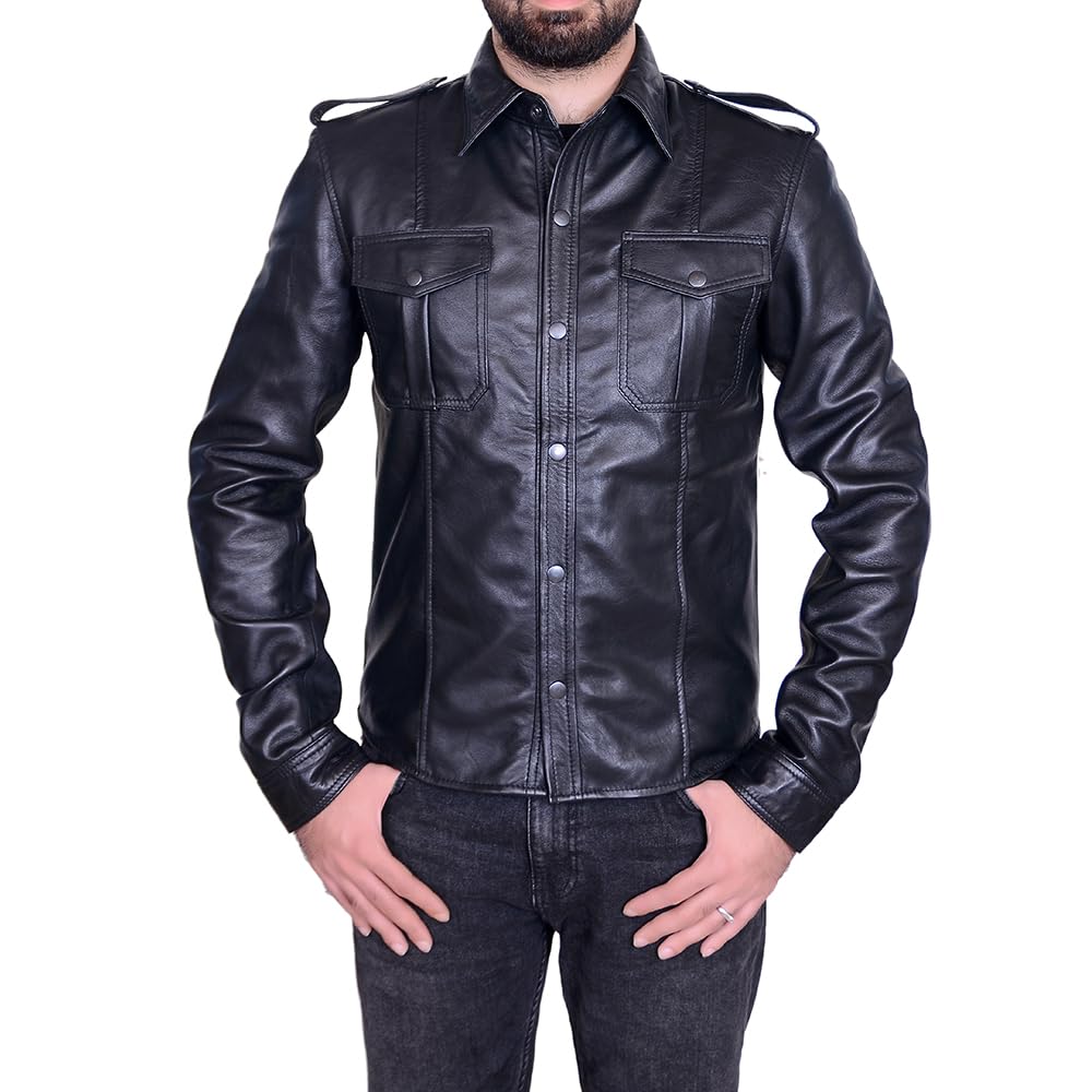 Men's Genuine Lamb Leather Police Shirt - Long Sleeve Leather Jacket for Men - Premium Biker & Motorcycle Riding Jacket - Perfect for Casual Wear, Night Out & Gay Pride Events