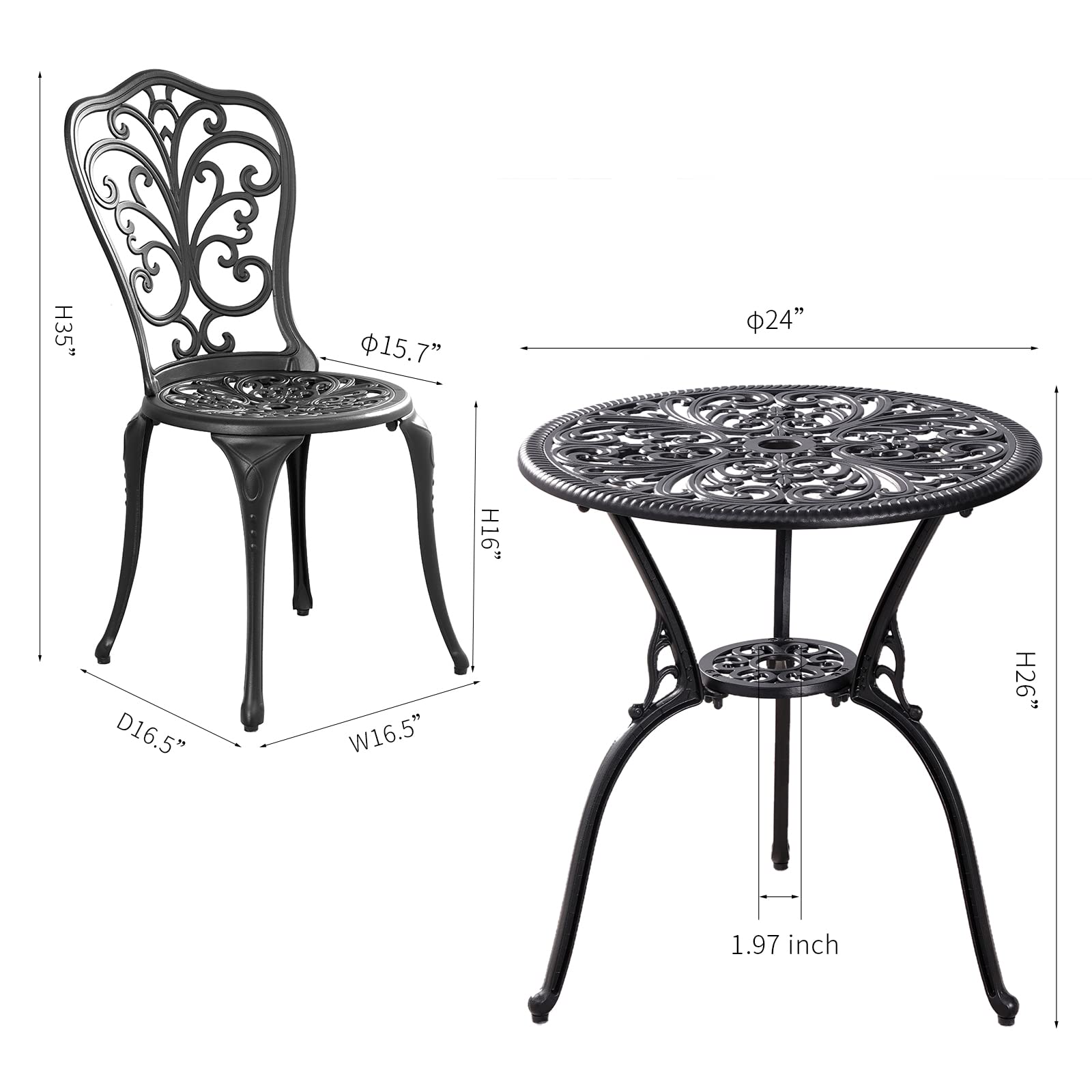 3-Piece Outdoor Bistro Set - Durable Cast Aluminum Patio Table & 2 Chairs - Black Small Porch Furniture for Garden, Balcony & Backyard Relaxation