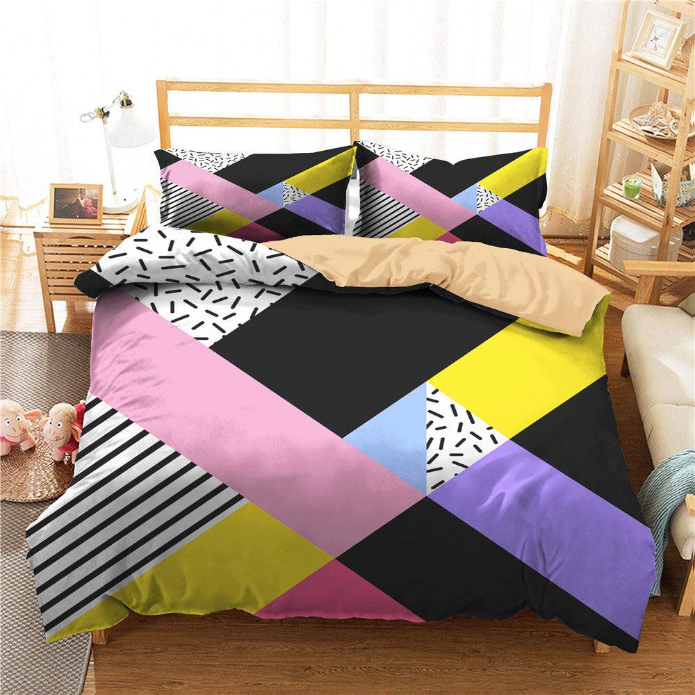 3D Geometric Black Yellow Purple Lines Printed Queen King Size Duvet Cover Set with Pillowcases - YZBEDSET Modern Bedding Collection for Home Decor | Perfect for Master Bedroom, Guest Room & Dorm Room (US Queen 228x228cm)