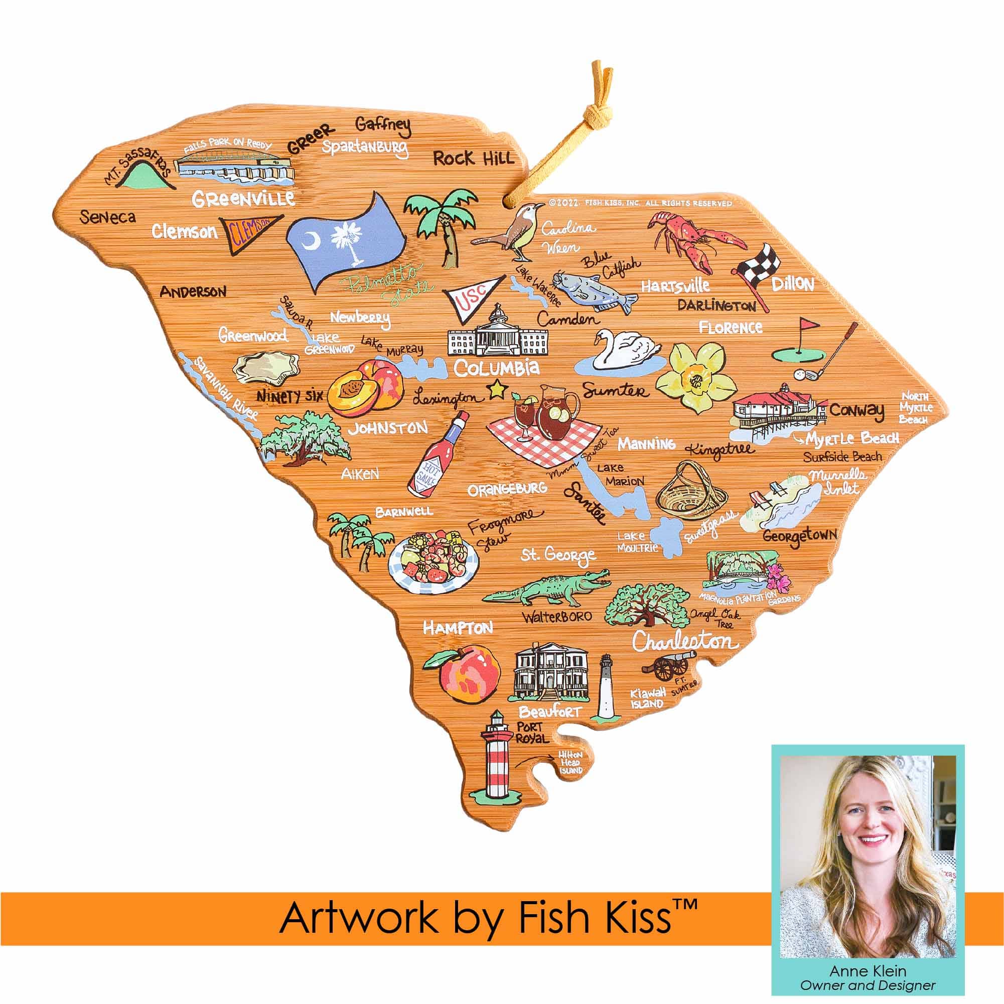 Premium South Carolina Cutting Board with Fish Kiss™ Artwork - Durable Wooden Chopping Board for Kitchen, BBQ, and Serving - Perfect for Home Chefs and Entertaining Guests