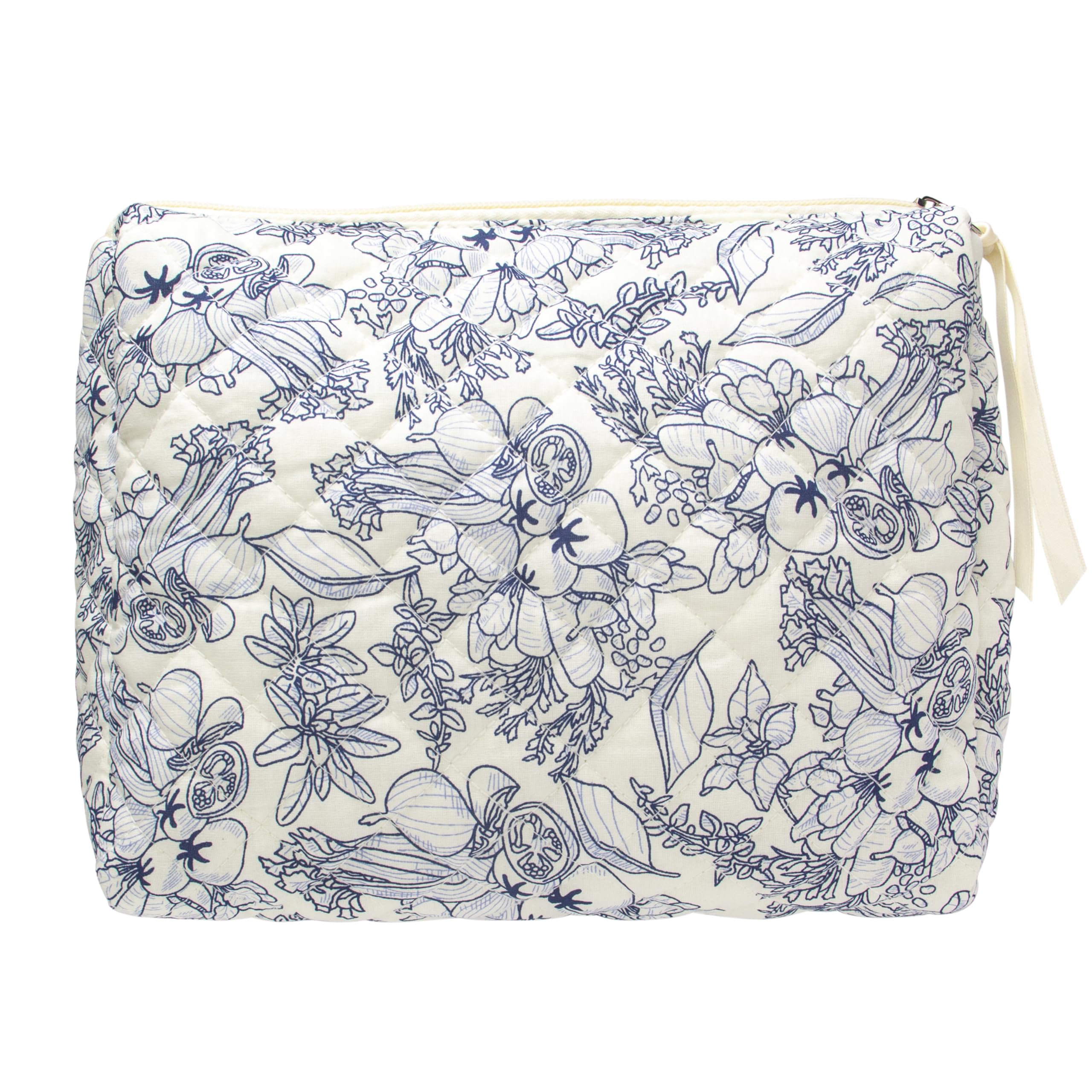 PAZIMIIK Large Quilted Cotton Makeup Bag for Women - Travel Cosmetic Organizer Pouch with Floral Design (White) - Perfect for Travel, Gym & Daily Beauty Essentials Storage