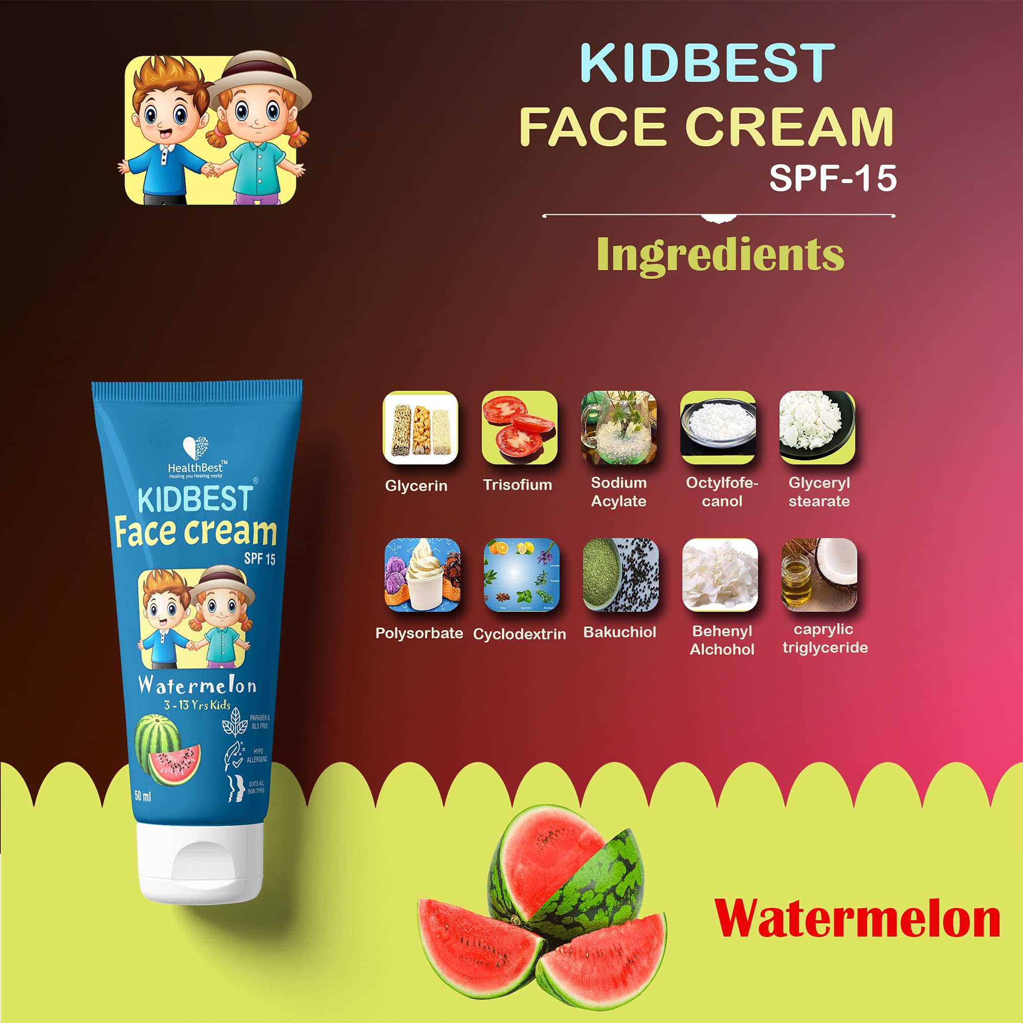 Healthbest Kids Face Cream SPF 15, 50ml - Organic Baby Moisturizer with Sun Protection | Gentle, Tear-Free Formula for Sensitive Skin | Paraben-Free, SLS-Free, Watermelon Scented | Perfect for Daily Use, Outdoor Play & Sun Protection