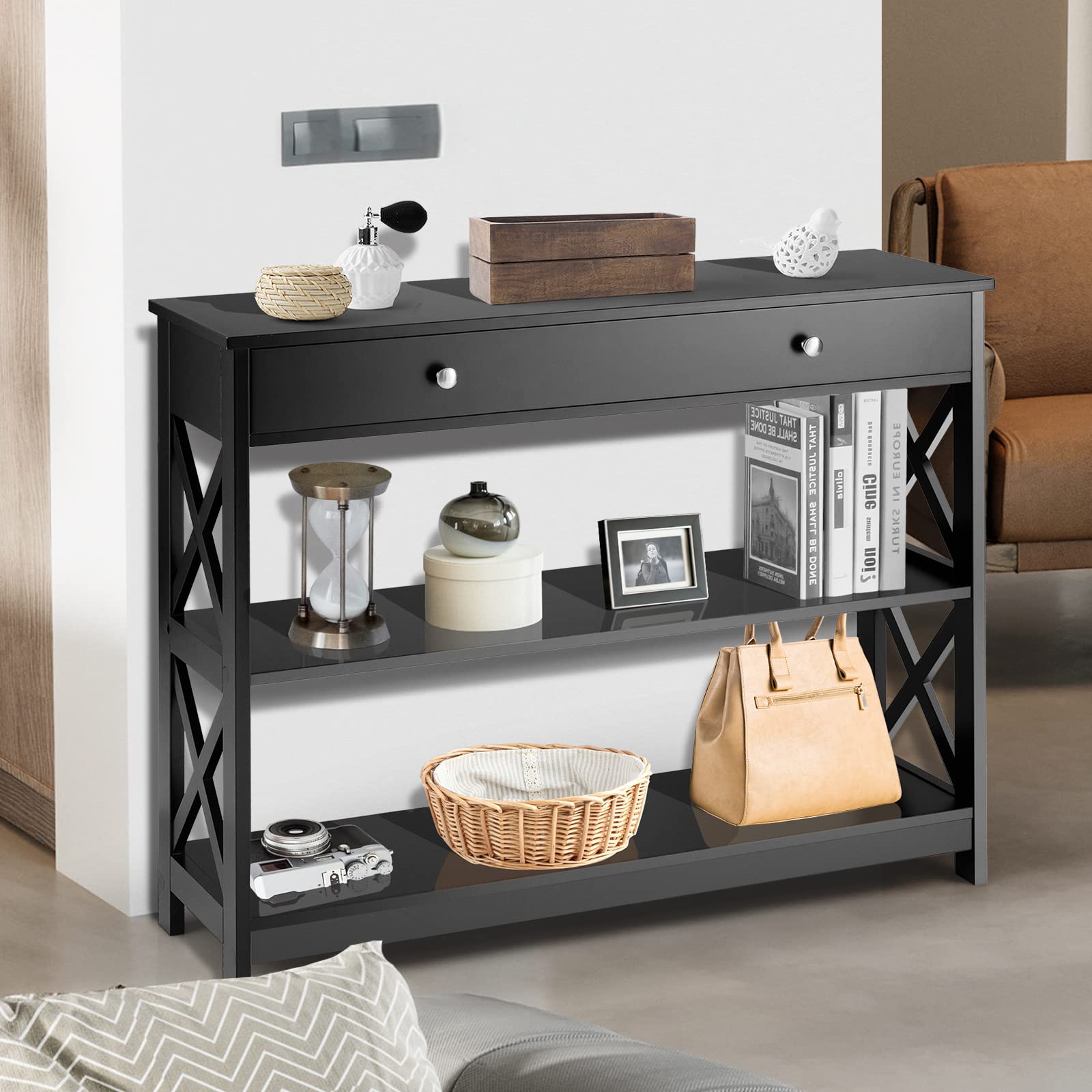 LUARANE Console Table with Storage - Sofa Table with 2 Open Shelves & Drawer - Narrow Accent Table with X-Shaped Wooden Frame - Multifunctional Entryway Table for Living Room, Hallway, Bedroom or Office (Black)