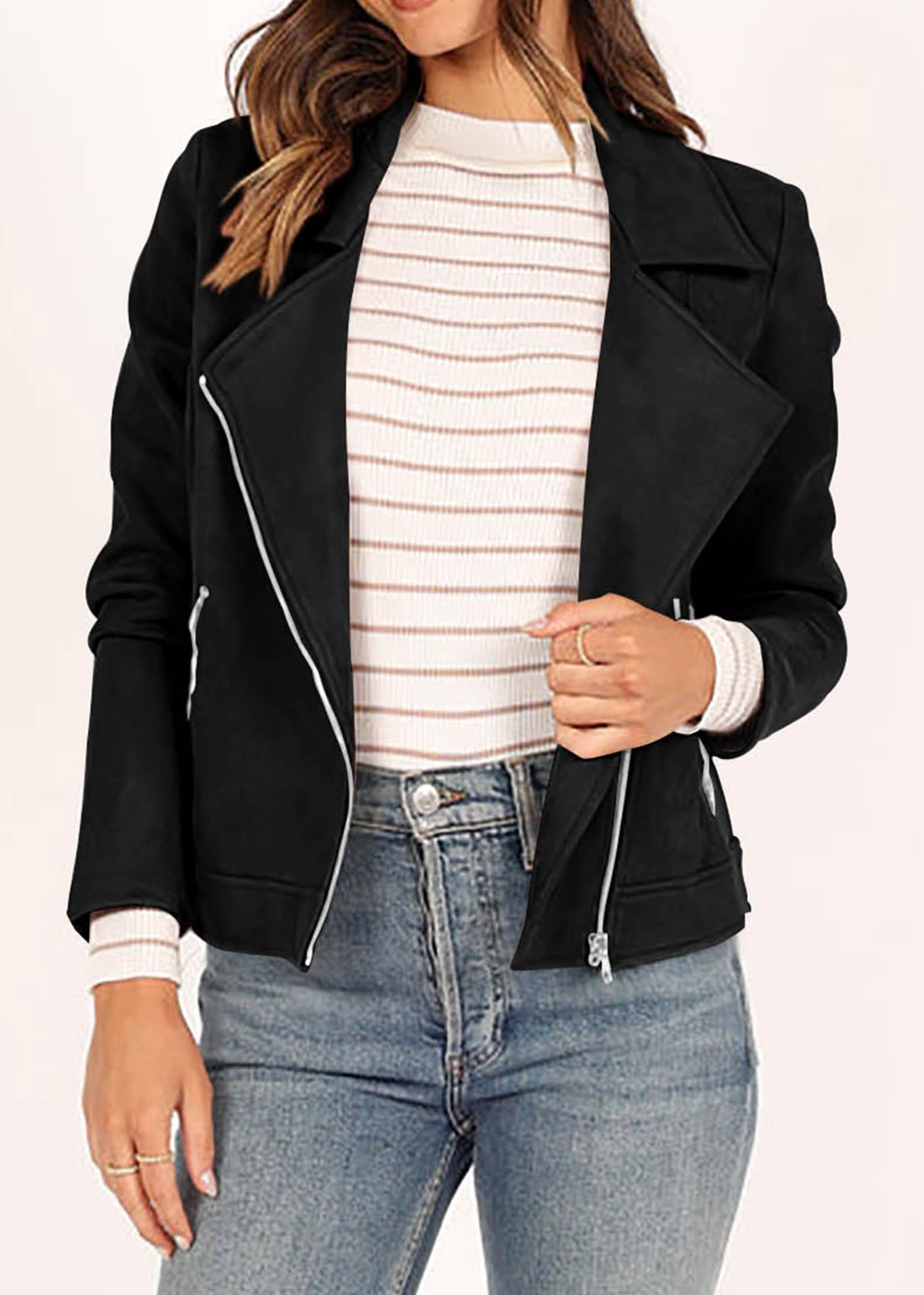 KIRUNDO Women's Faux Suede Jacket - 2024 Fall Winter Cropped Bomber Biker Moto Jacket with Zipper, Casual Outerwear for Women | Perfect for Daily Wear, Night Out, and Motorcycle Riding