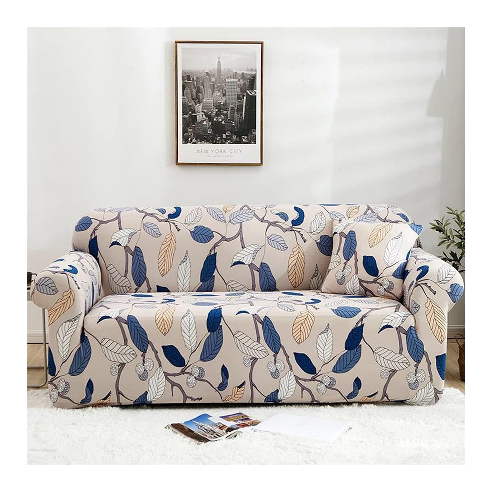 4 Seater Sofa Bed Cover 235-300cm - Polyester Recliner Couch Protector with Anti-Slip & Super Stretch - Khaki Blue Branches Leaves Design - Perfect for Living Room, Bedroom, Guest Room, and Home Decor