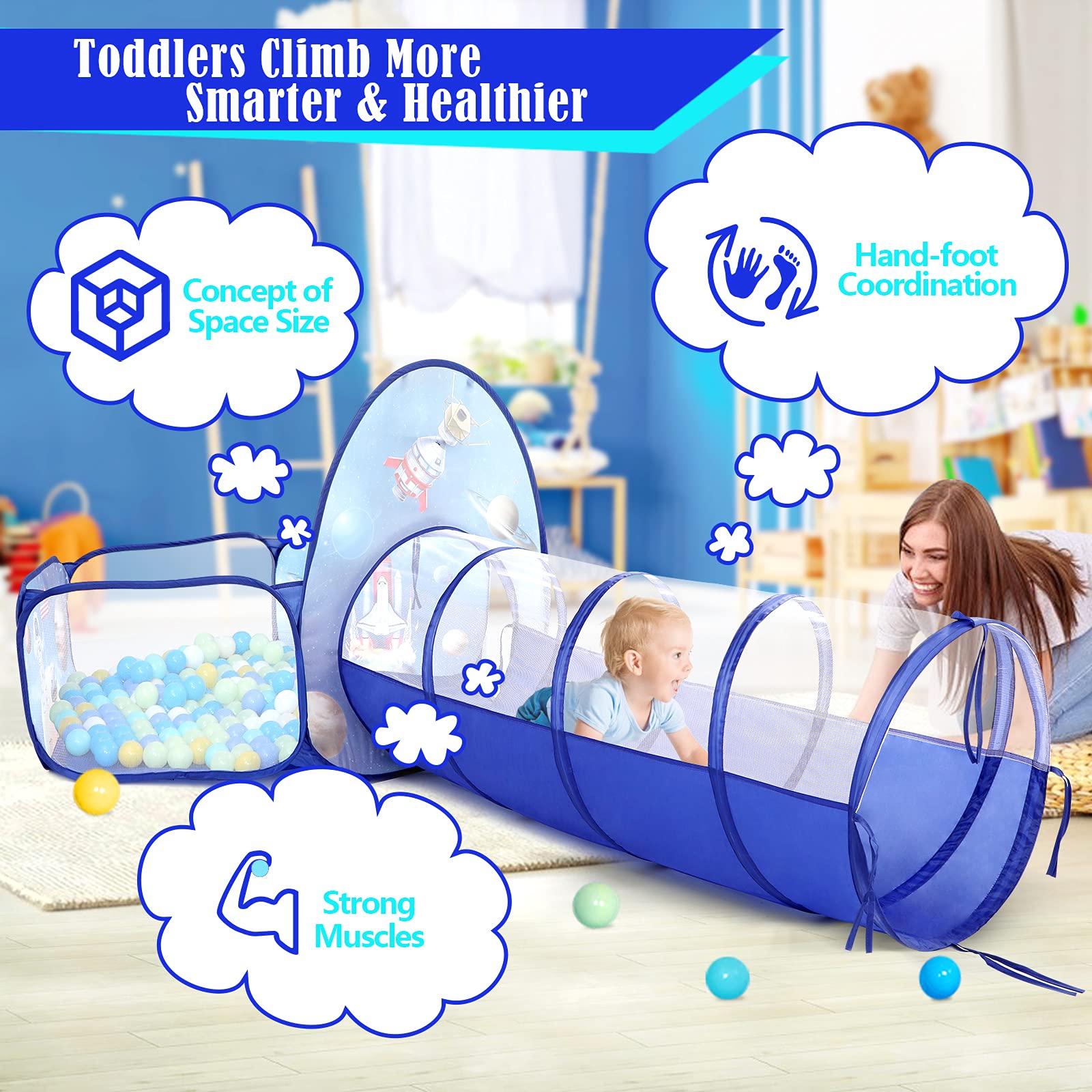 3PC Ball Pit Play Set for Toddlers - Includes Play Tent & Tunnel for Indoor & Outdoor Fun - Perfect for Boys & Girls Ages 1-5 - Great as Astronaut-Themed Birthday Gift for Kids - Ideal for Playrooms, Backyards & Birthday Parties