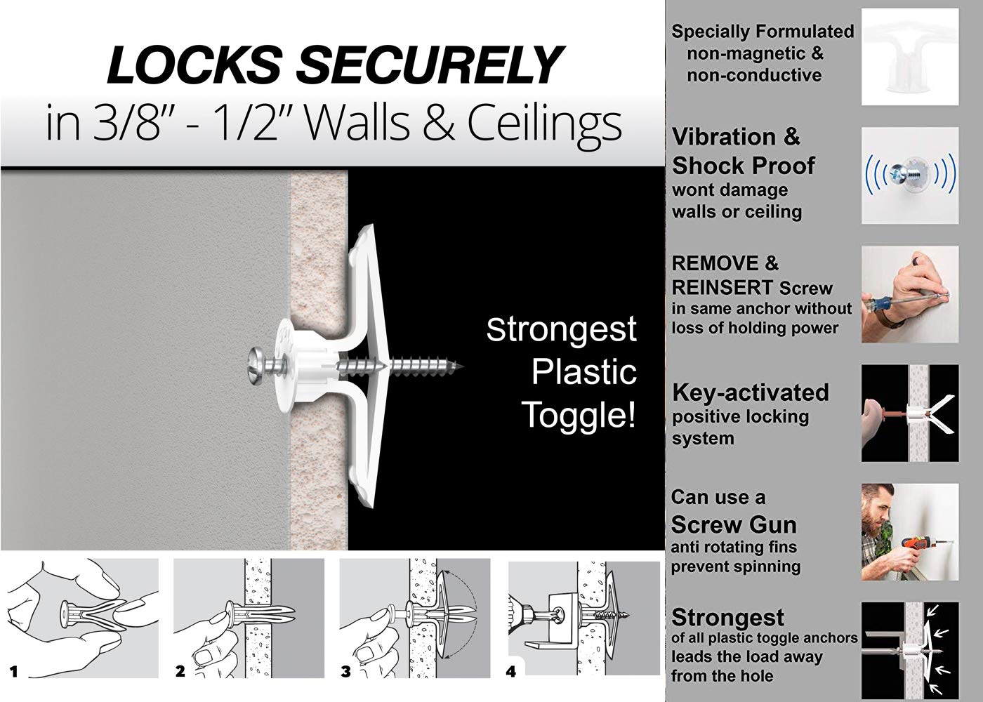 Heavy Duty Toggle Anchor Kit - 44-Piece for Drywall & Concrete - Secure TV, Shelves & Cabinets