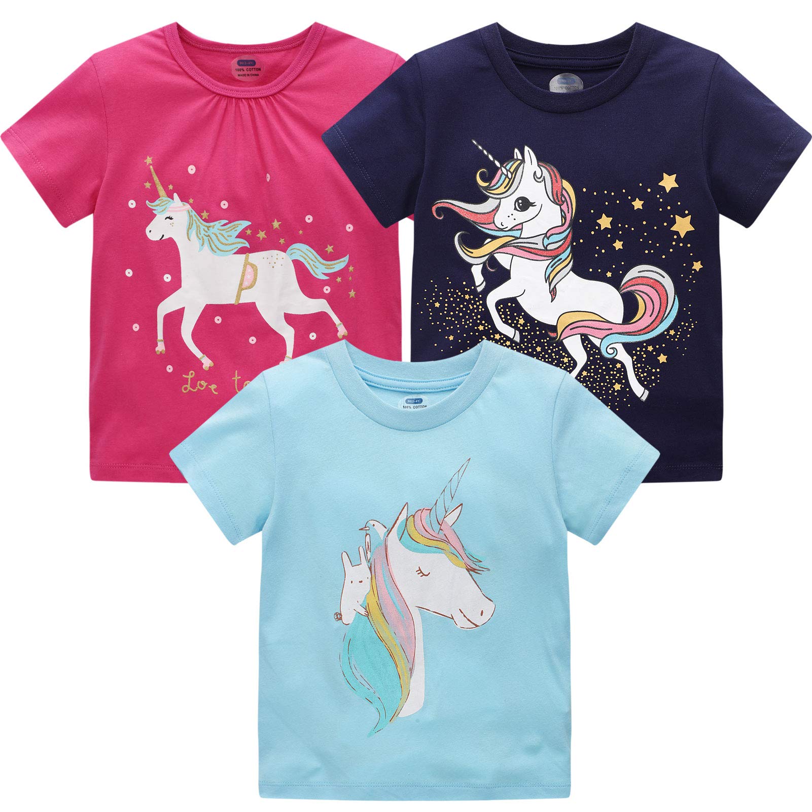 Jobakids Girls Short Sleeve T-Shirt 3 Pack - Toddler Crewneck Cotton Tee for Summer - Playtime, Daycare & Outdoor Activities