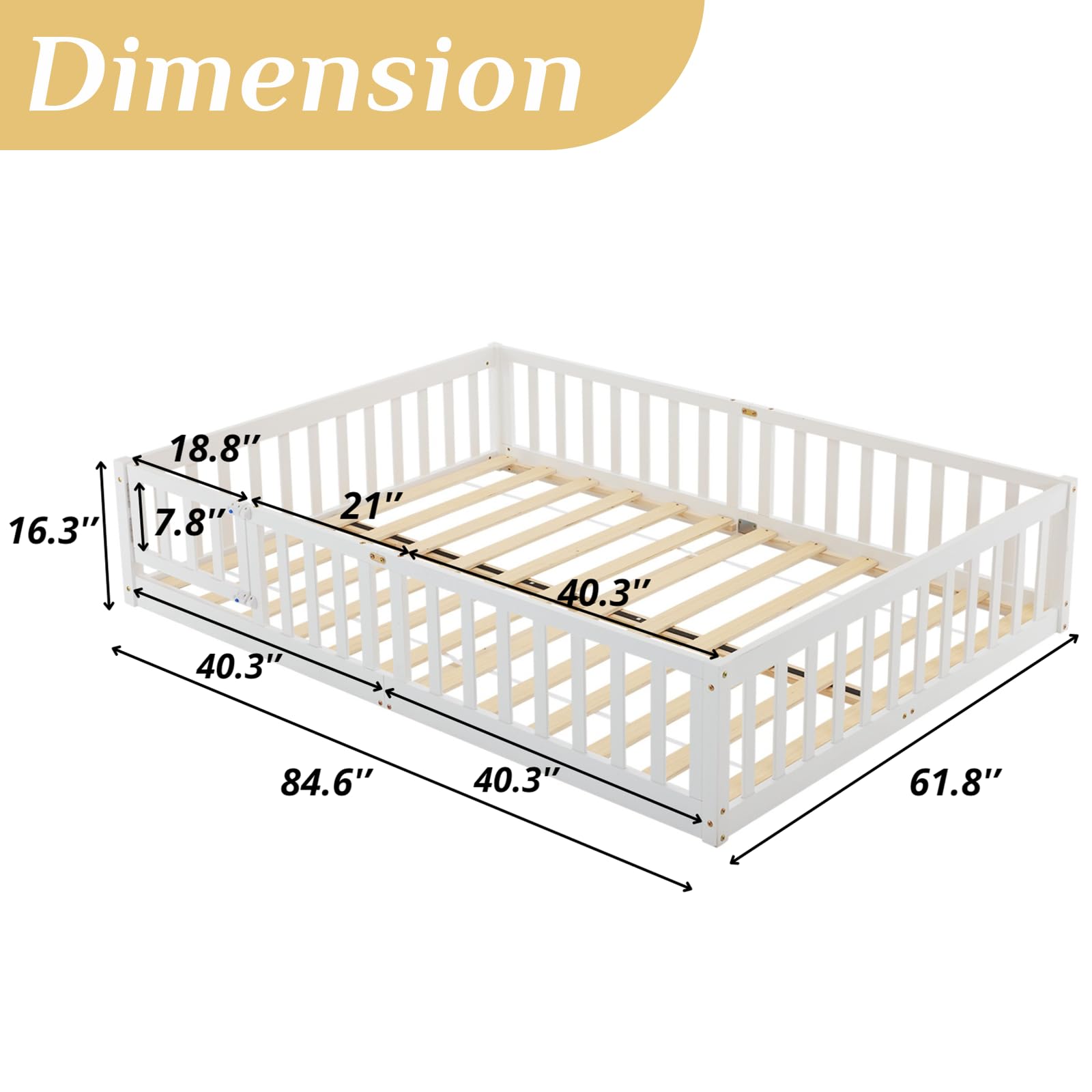Montessori Toddler Floor Bed with Safety Door & Fence - Solid Wood Queen Bed Frame for Kids, 12 Slats & Guardrails - Perfect for Girls & Boys Bedroom (White) | Safe Sleep Solution for Montessori & Daycare Use