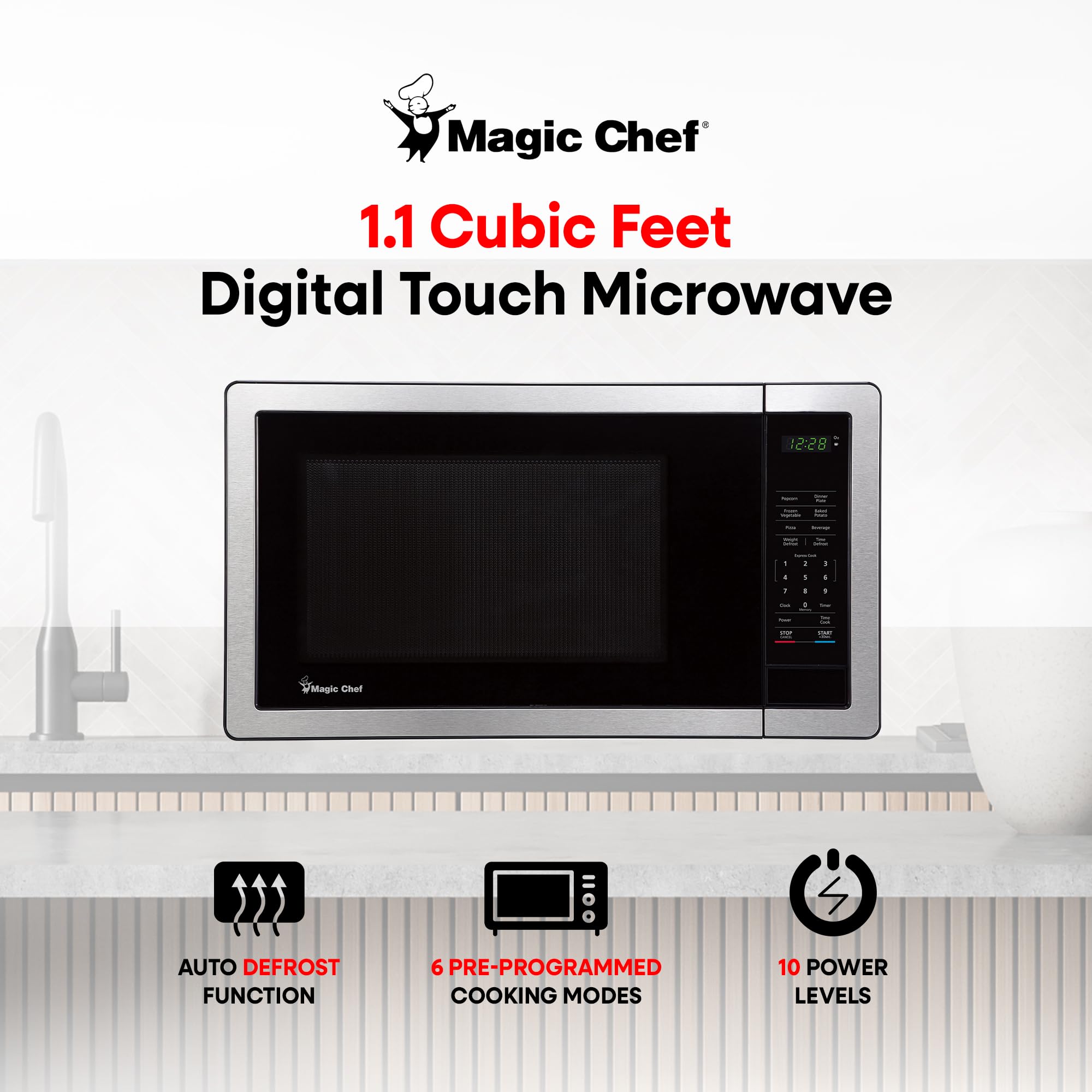 Magic Chef 1000W Countertop Microwave Oven - Compact 1.1 Cu Ft Silver Microwave for Small Spaces | Perfect for Dorms, Apartments & Office Kitchens
