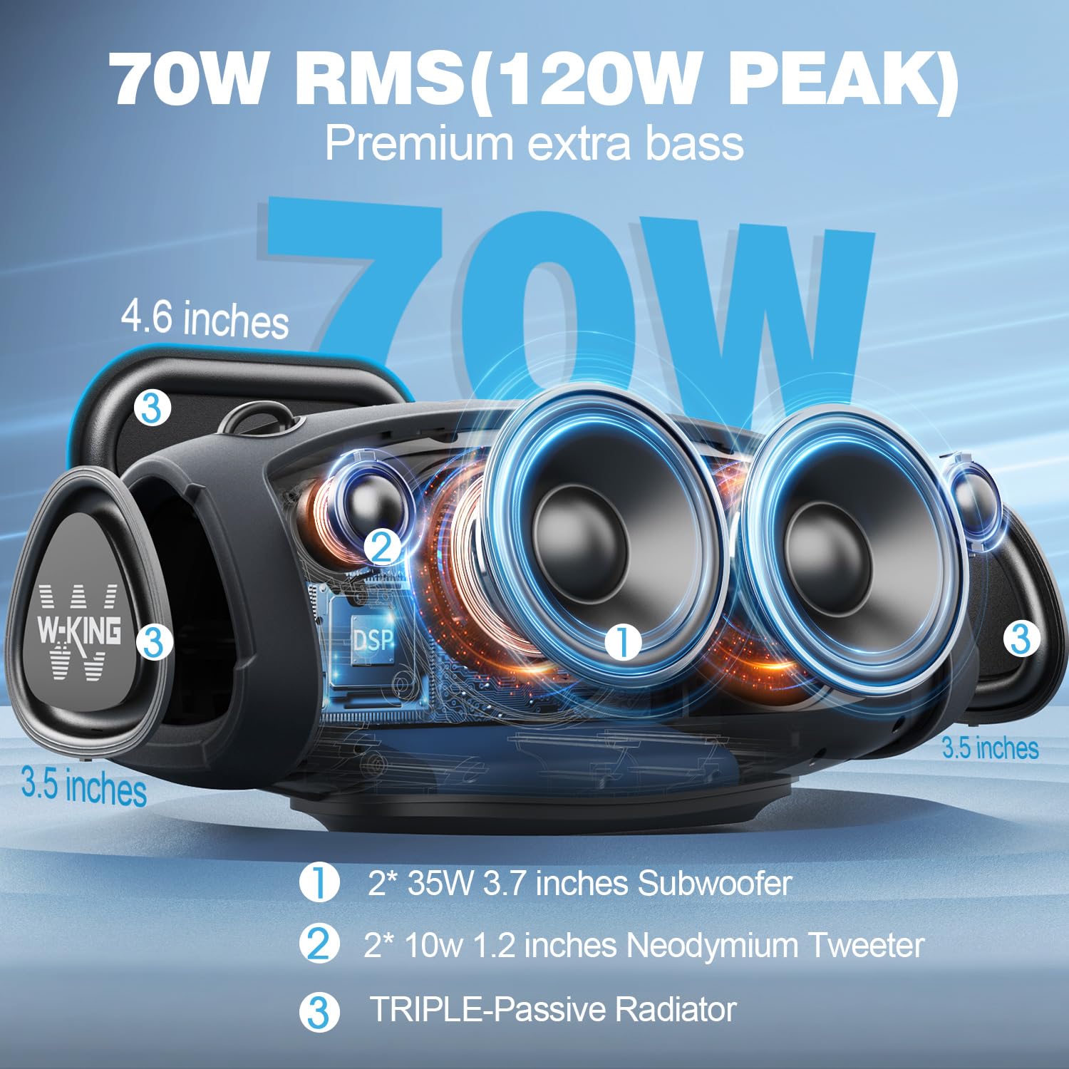 W-KING 120W Peak Bluetooth Speaker Wireless, 70W IPX6 Waterproof Outdoor Portable Speaker with Deep Bass, DSP, 42H Playtime, Power Bank, TF/AUX, EQ - Perfect for Parties, Beach, Camping & Outdoor Adventures