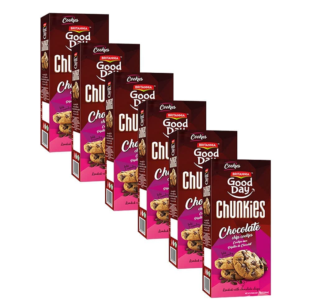 Britannia Good Day Chunky Chocolate Chip Cookies 2.64oz (75g) - Crunchy Chocolate Chip Biscuits - Perfect for Breakfast, Tea Time & Office Snacks - Pack of 6 Cookies - Great for Gifts & Party Treats