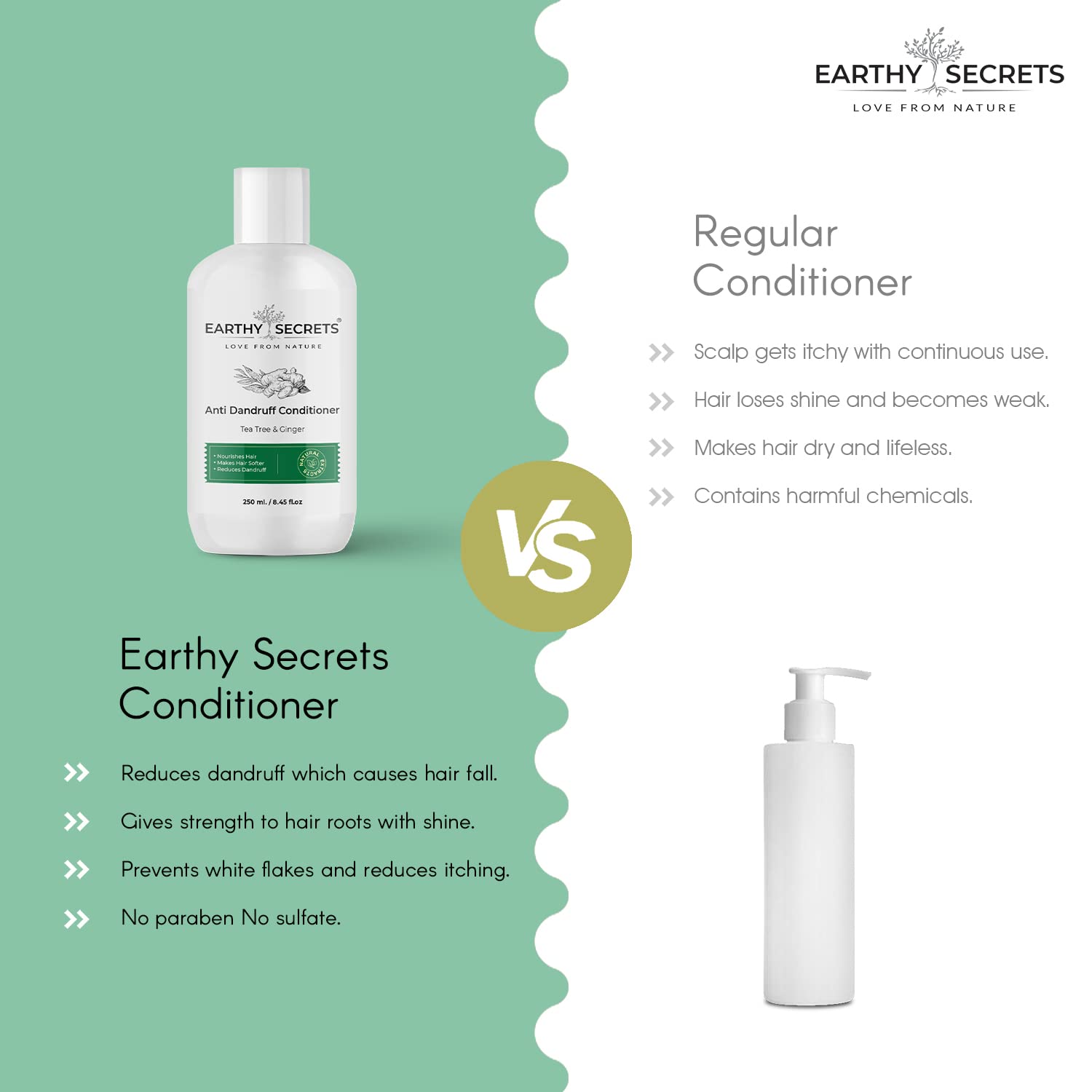 Earthy Secrets Anti Dandruff Hair Conditioner with Tea Tree & Ginger Oil for Men & Women - Soothes Itchy Scalp, Eliminates Dandruff, Nourishes & Restores Scalp Health - Leaves Hair Soft, Smooth & Shiny - Perfect for Daily Hair Care & Scalp Treatment at Home