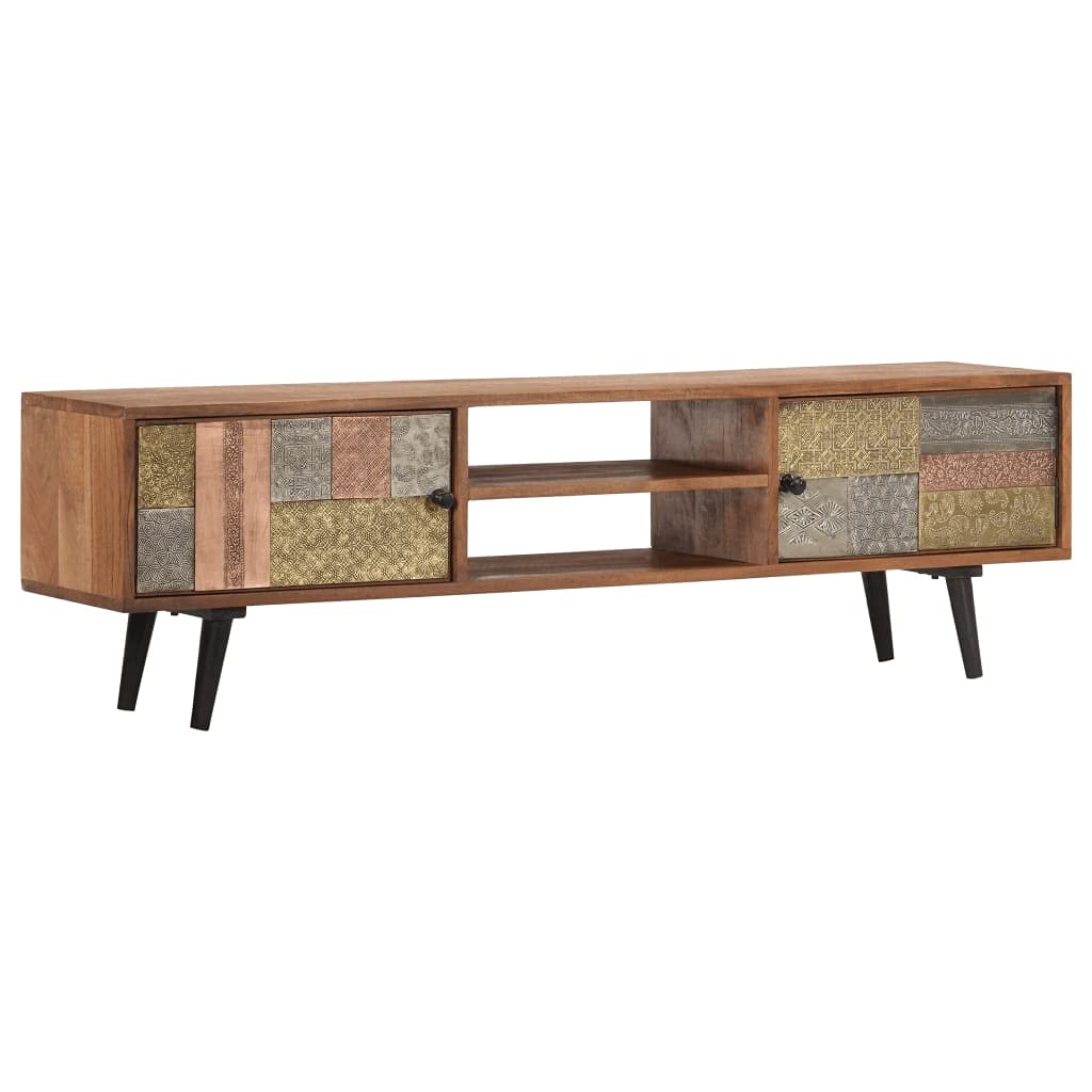 Modern Farmhouse TV Stand with 2 Cupboards & Open Shelf - 55 Inch Solid Acacia Wood Entertainment Center for Living Room (55