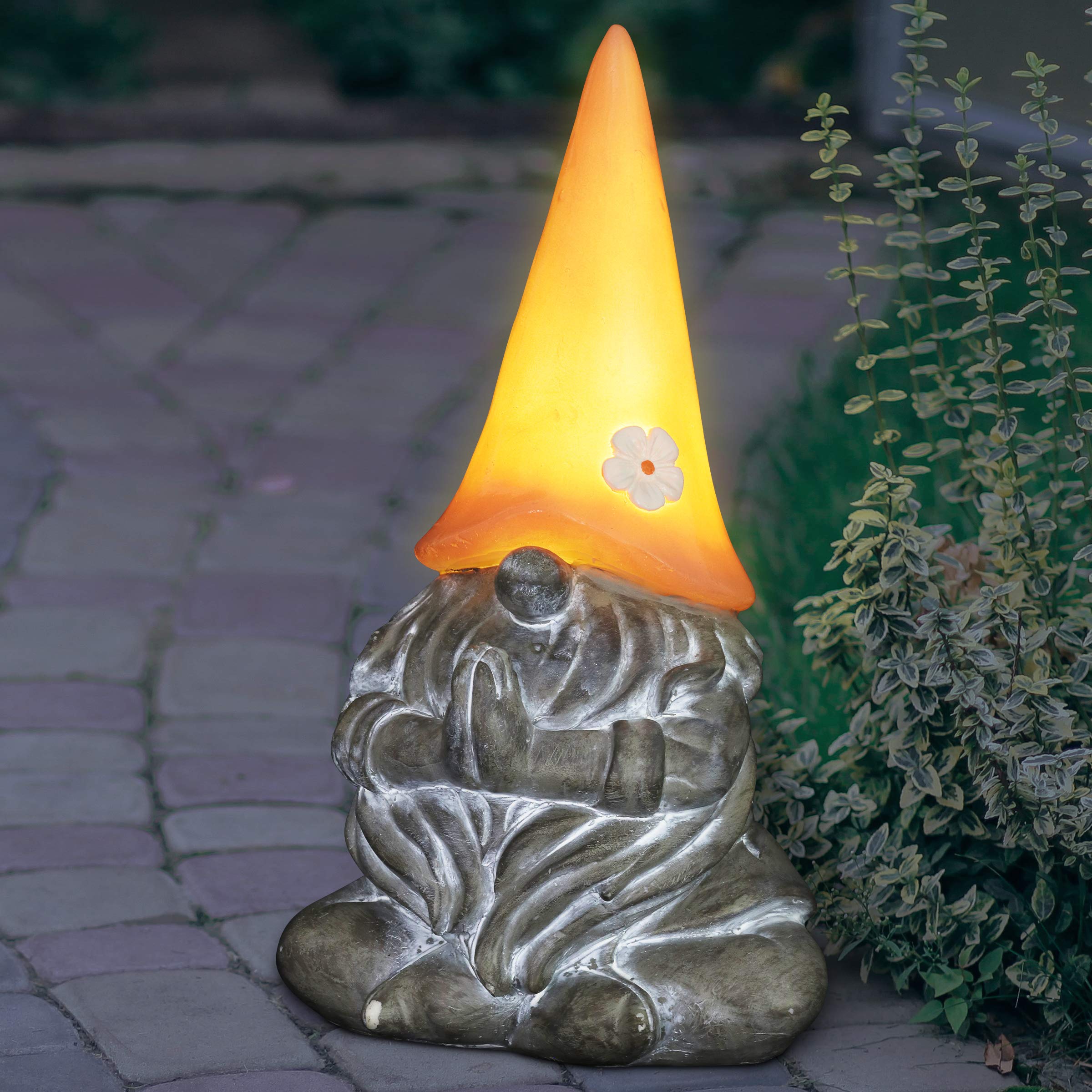 Exhart Solar-Powered Meditating Yoga Garden Gnome Statue with LED Flower Hat – 7 x 11.5 Inch Peach Outdoor Decor for Zen Gardens, Patios & Backyards
