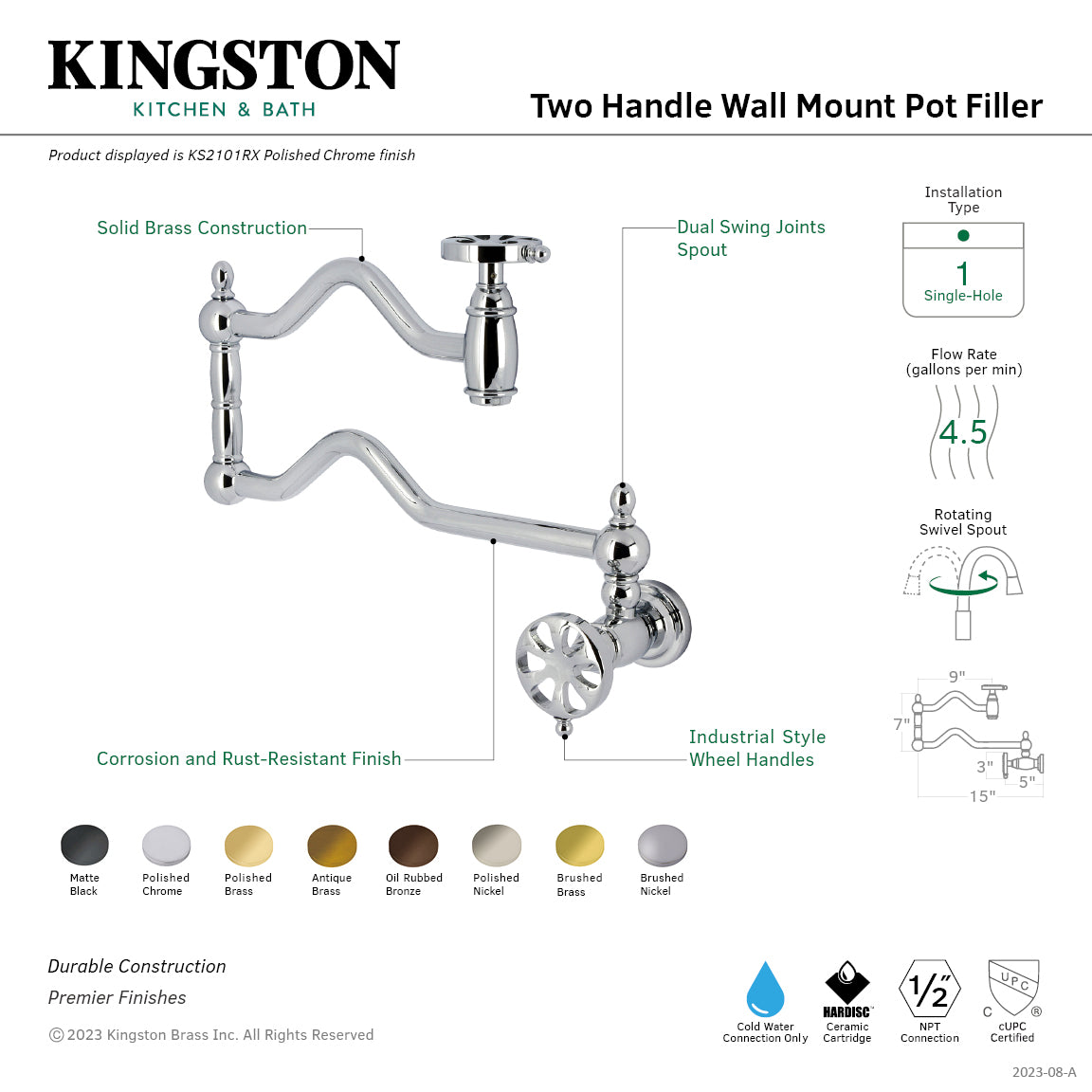 Belknap KS2108RX Brushed Nickel Two Handle Pot Filler Faucet - Ideal for Kitchen Sink, Stove & Cooking Area