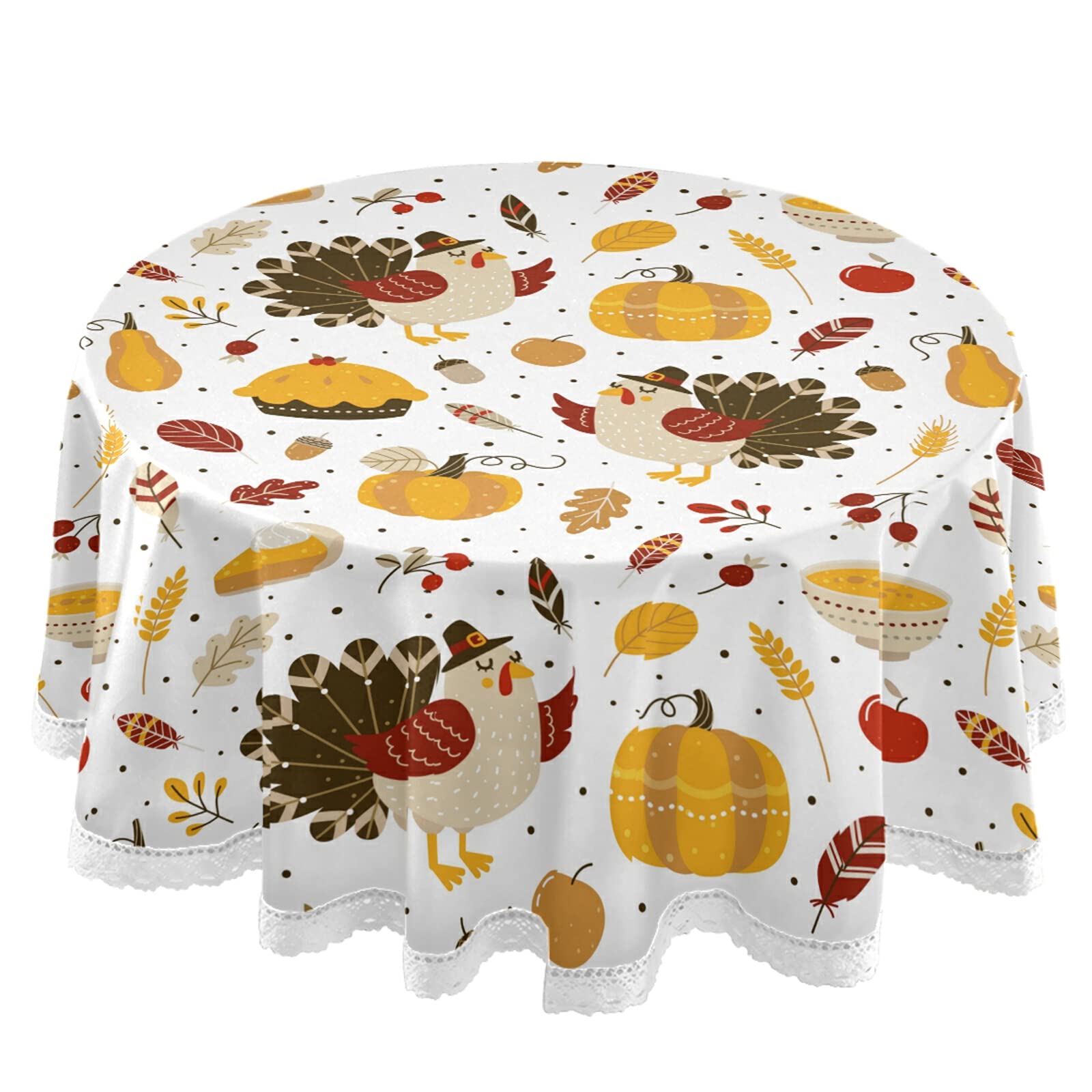 60 Inch Round White Lace Polyester Tablecloth with Pumpkin & Rooster Design - Perfect for Thanksgiving Dinner, Autumn Party Decor, and Holiday Table Setting