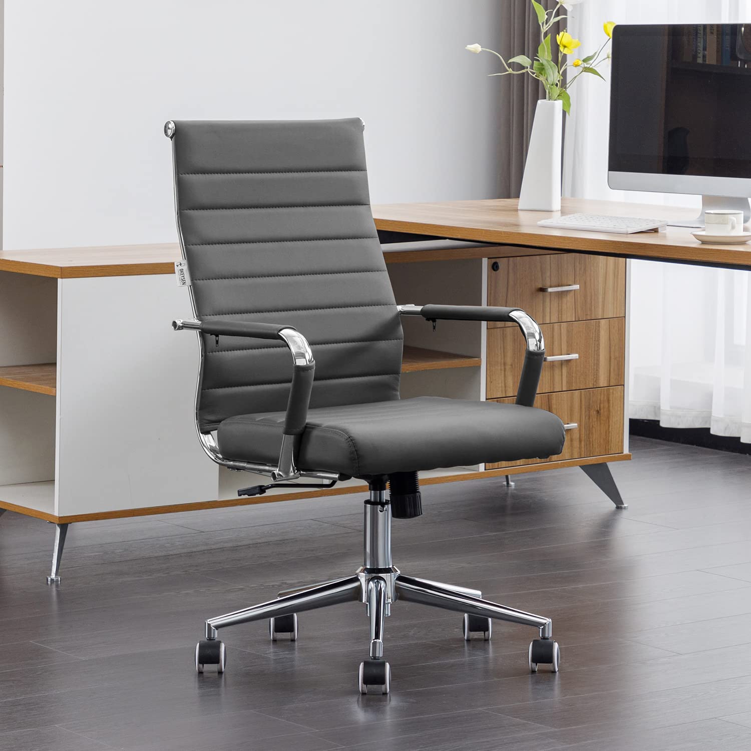 Okeysen Grey Ergonomic Office Chair - Adjustable Height Leather Executive Swivel Rolling Chair for Home Office & Conference Room - Perfect for Long Hours of Work, Video Calls, and Professional Meetings