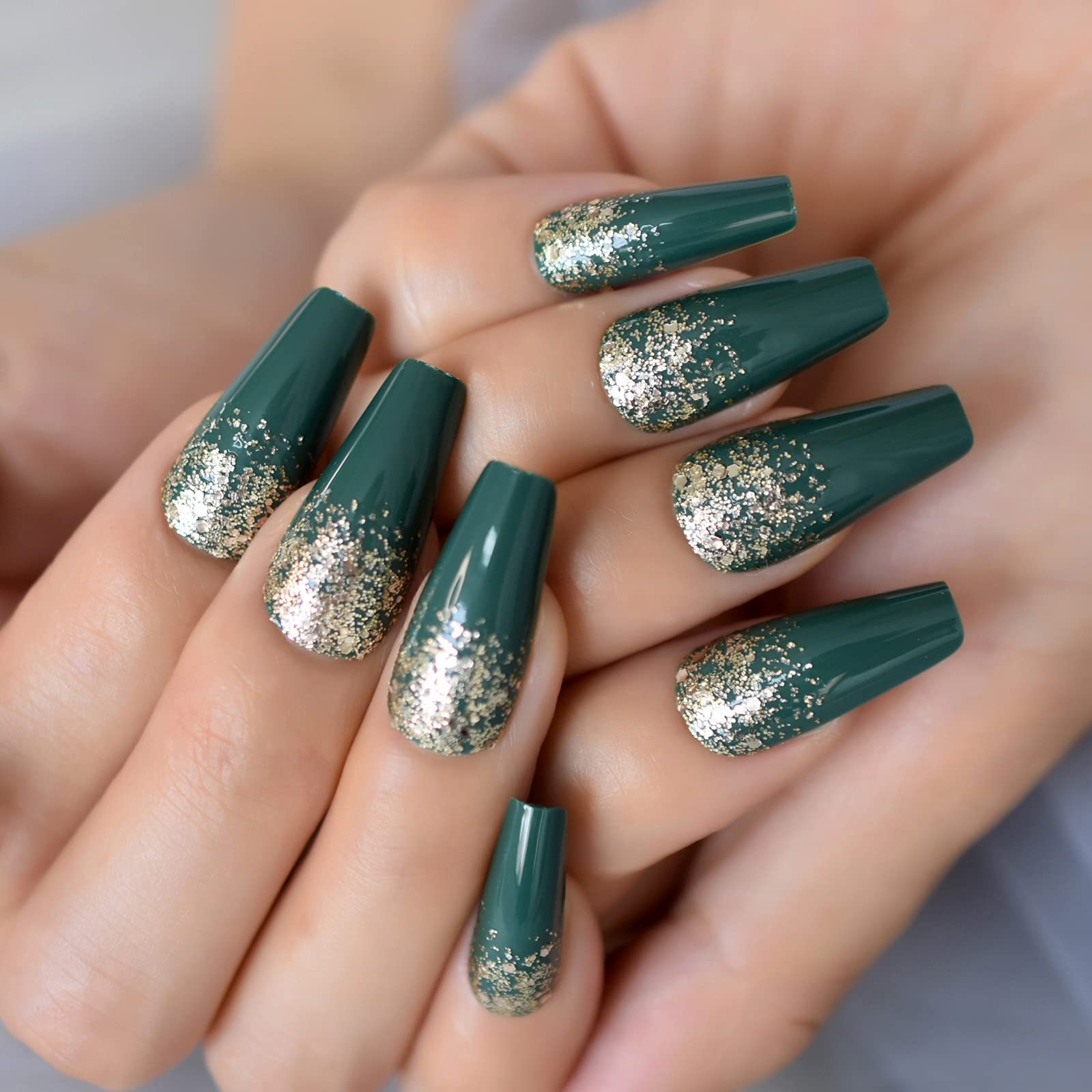 Coolnail Green French Press False Nails with Silver Sequins Glitter - Long Ballerina Coffin Full Cover Artificial Nails for Party, Wedding, Prom & Special Occasions