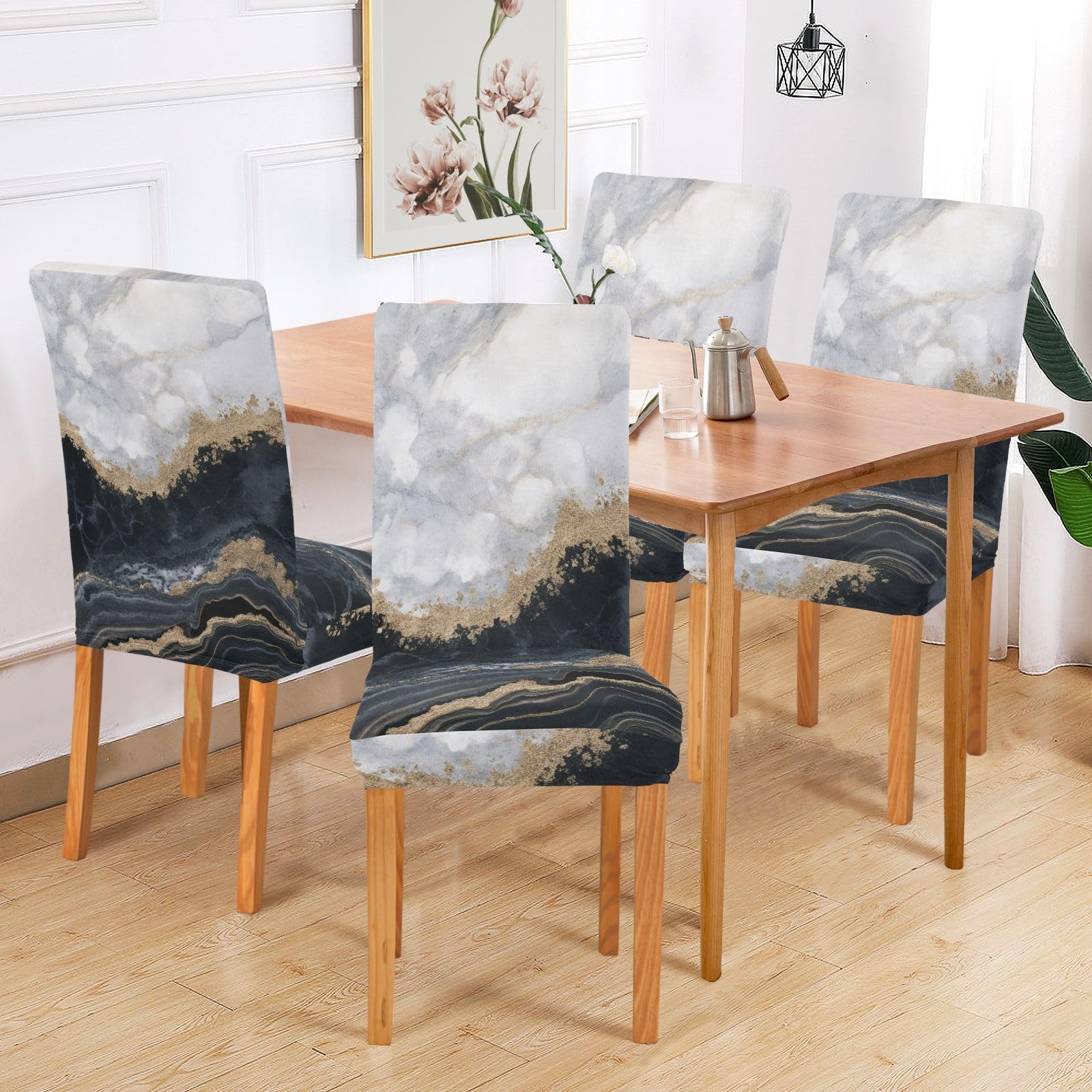 Universal Dining Chair Covers 4-Piece Set - Black White Gold Marble Pattern Washable Slipcovers for Kitchen, Dining Room & Party Decor - Protective Seat Covers for Home, Restaurant & Event Use