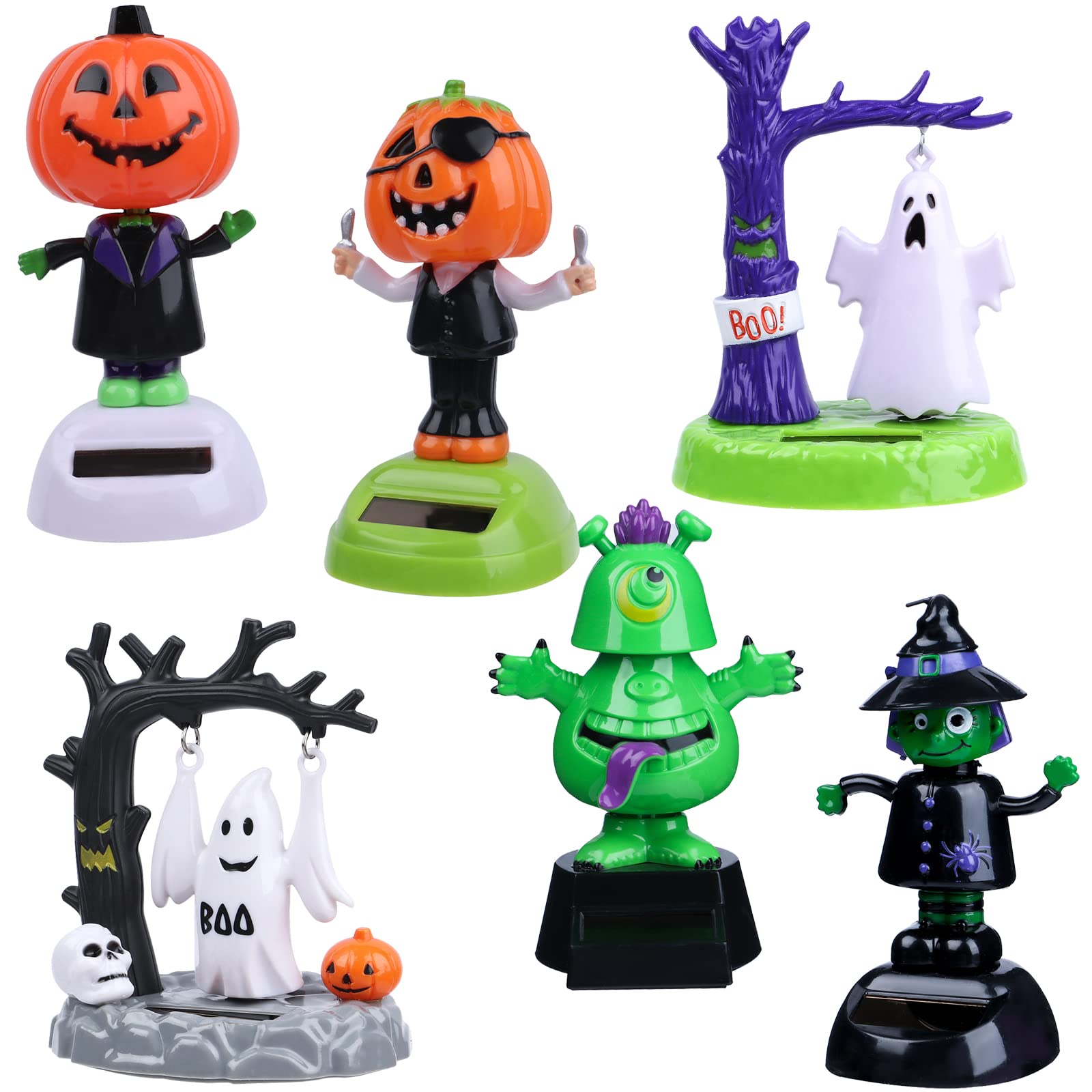 Solar Powered Dancing Bobble Head Toys - 2Pcs Halloween Car Dashboard Decorations, Fun Novelty Swing Toys for Halloween Party Favors & Gifts | Random Styles - Perfect for Car Accessories, Office Desk Decor, and Halloween Party Supplies