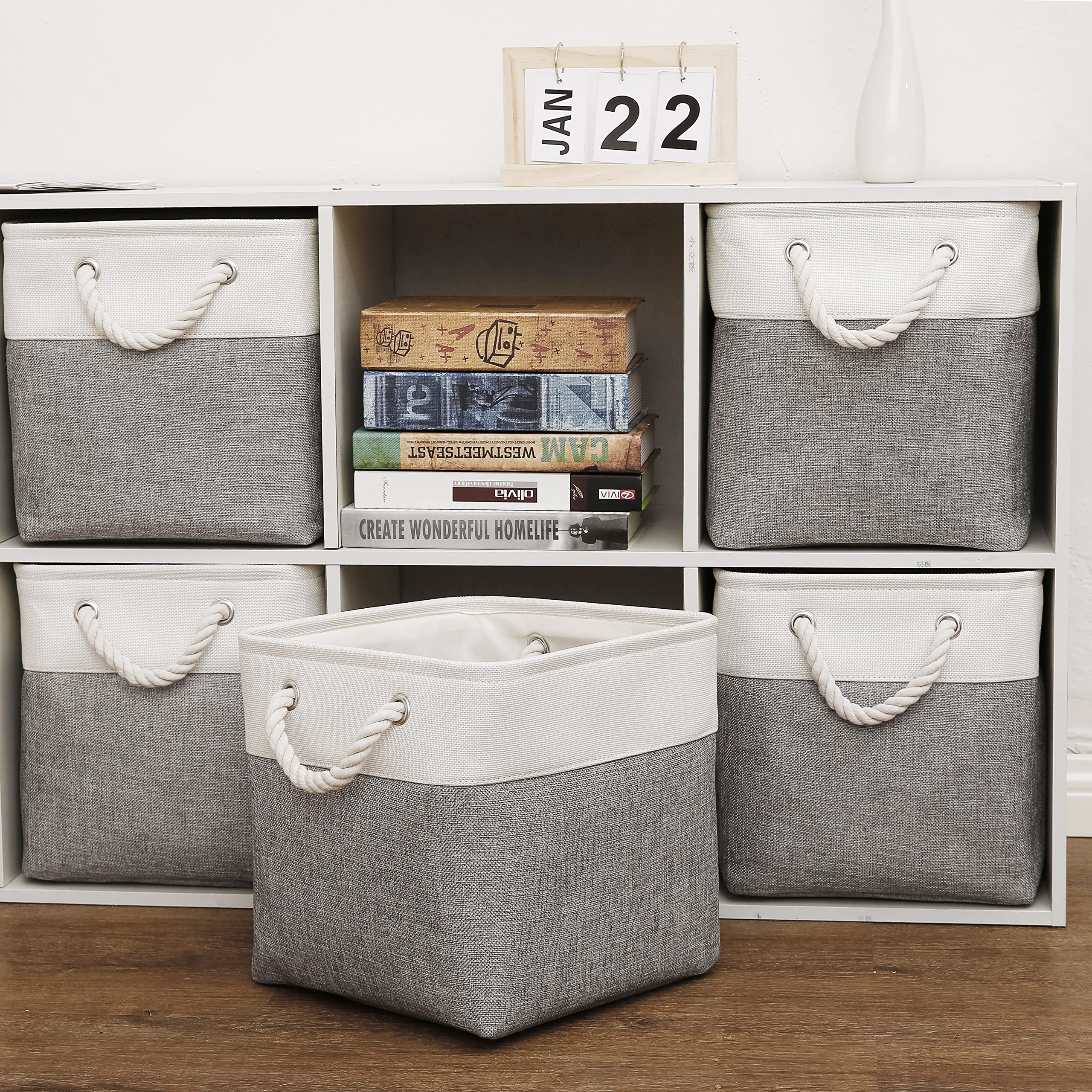 Collapsible Fabric Cube Storage Bins with Handles - 11 Inch Foldable Storage Cubes for Closet, Nursery & Office Organization (White/Gray, 6-Pack) - Perfect for Toys, Books & Home Decor Storage