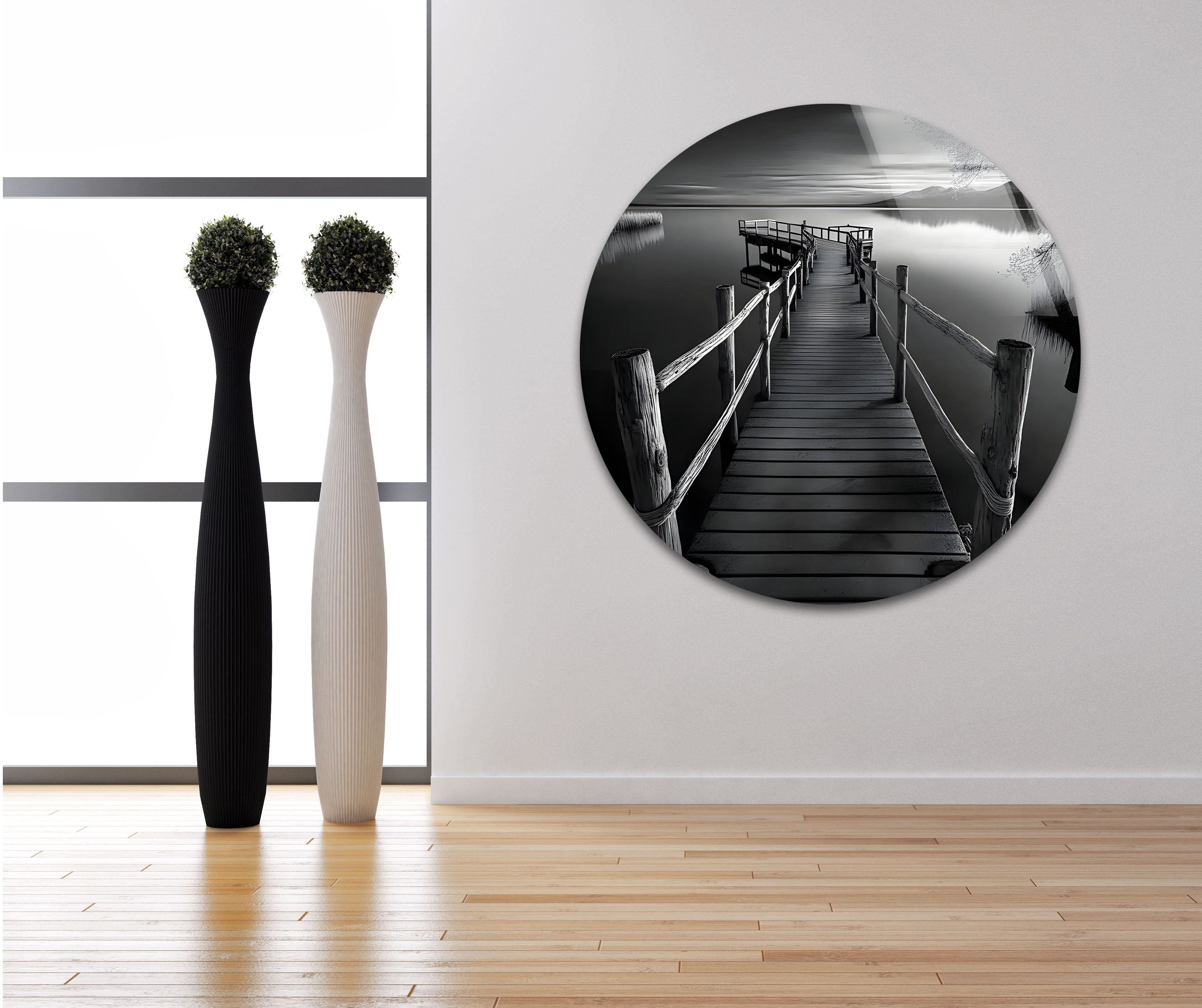 Black and White Dock Landscape Glass Wall Art - Modern Framed Home Decor for Living Room, Bedroom, Office | Coastal Nautical Theme