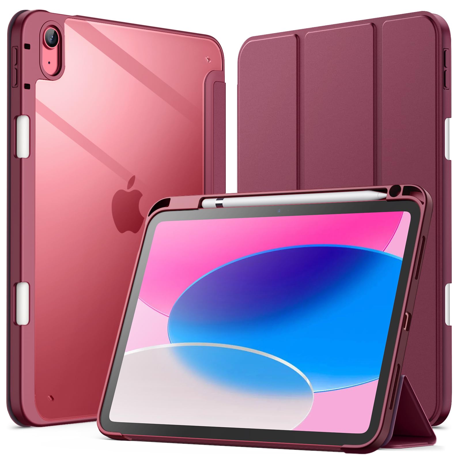 JETech Clear Shockproof iPad Case for iPad 11th/10th Gen (2025/2022, Model A16) - Slim Stand Cover with Pencil Holder & Auto Wake/Sleep - Perfect for Work, School, and Travel (Wine Red)
