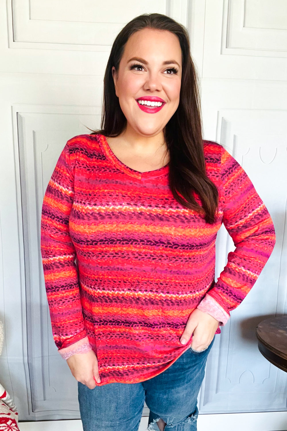 Bold Flame & Magenta Striped Cable Knit Print Hacci Top - Women's Fashion Sweater for Fall & Winter, Perfect for Casual Outfits and Holiday Parties