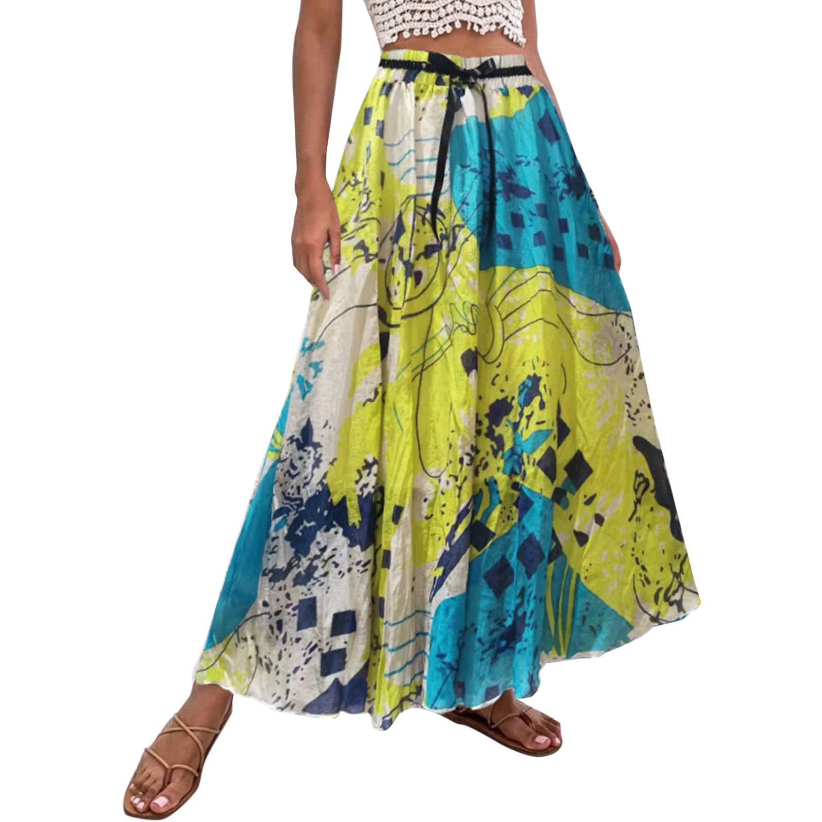 Women's Summer Double Fabric Elastic High Waist Boho Maxi Skirt - Casual Drawstring A-Line Long White Over Skirt for Beach, Vacation & Boho Fashion Outfits