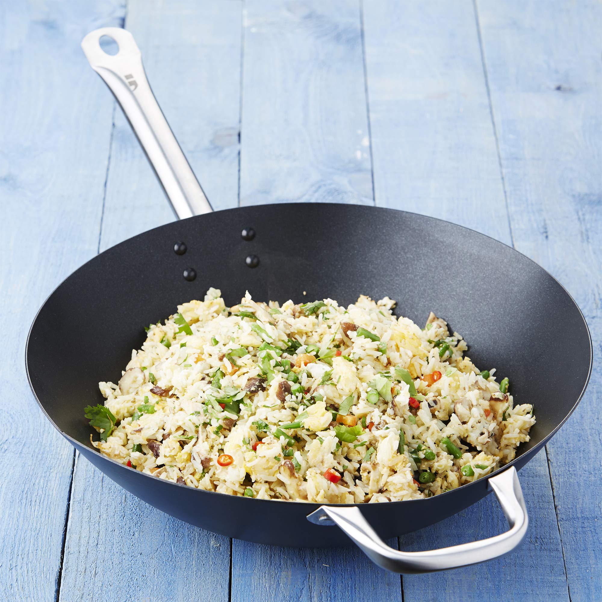 Carbon Steel Non-Stick Wok Pan 36cm - Stainless Steel Handle - Black Coating - Perfect for Stir-Frying, Sautéing & Deep Frying - Professional Restaurant Quality Cookware for Home Chefs