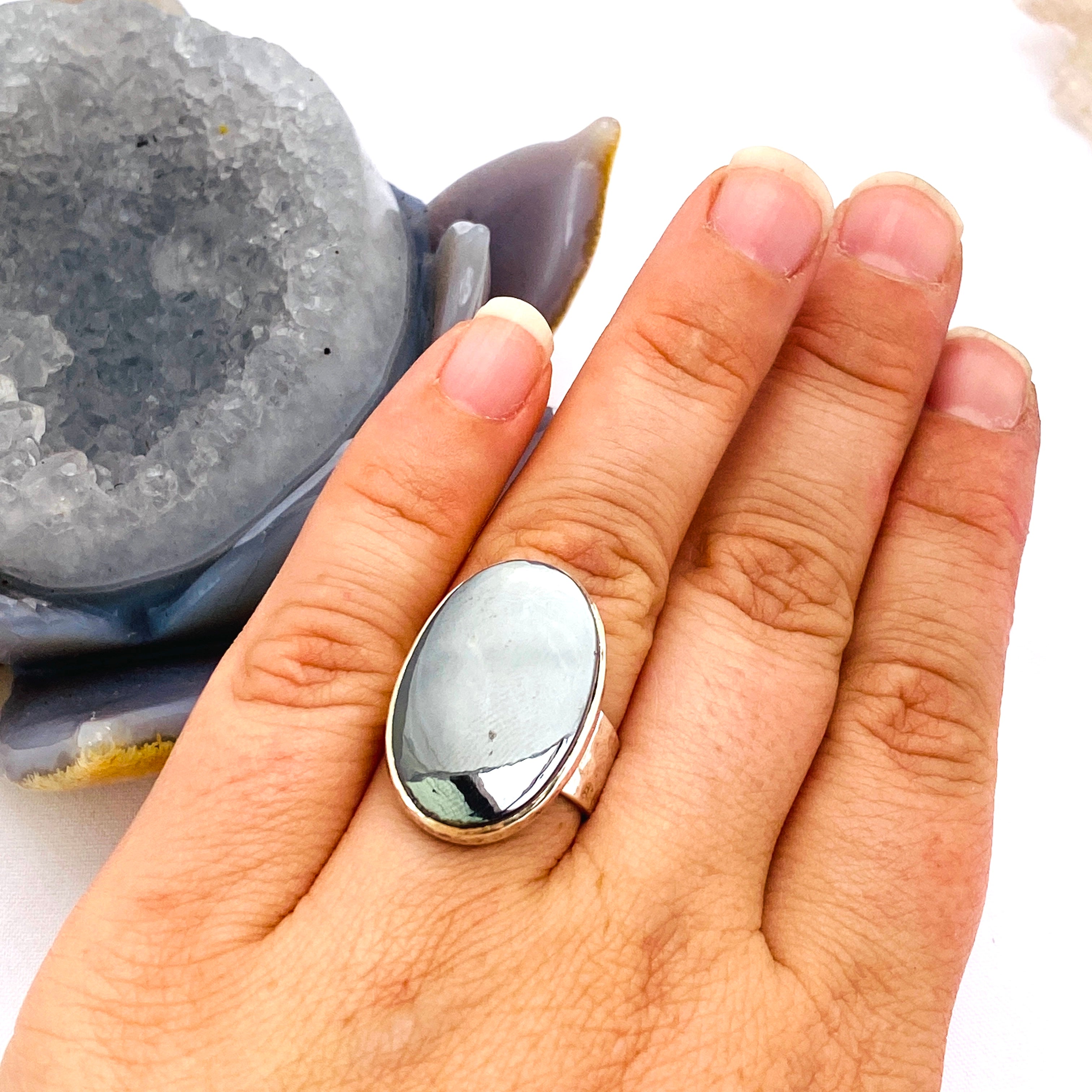 Natural Hematite Oval Cabochon Ring with Handmade Beaten Band - Size 6.5 (KRGJ1687) | Elegant Boho Jewelry for Women, Perfect for Everyday Wear & Gift Giving