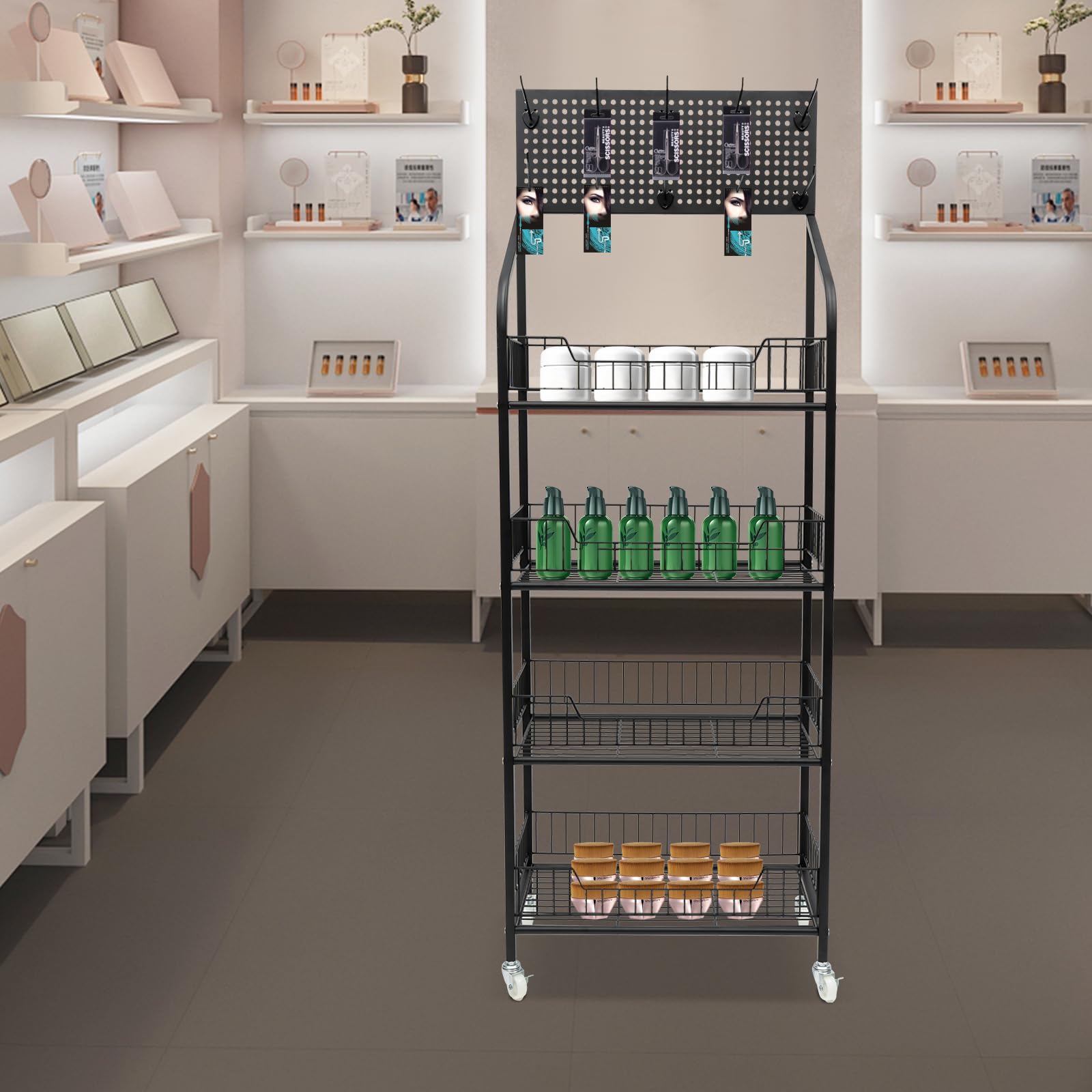 4 Tier Heavy Duty Snack Rack Organizer - Freestanding Mobile Utility Cart with 10 Hooks - 22 lbs Capacity per Tier (19.6x10.6x55 Inches, Black) - Perfect for Kitchen, Garage, Market, Bar & Retail Display Organization