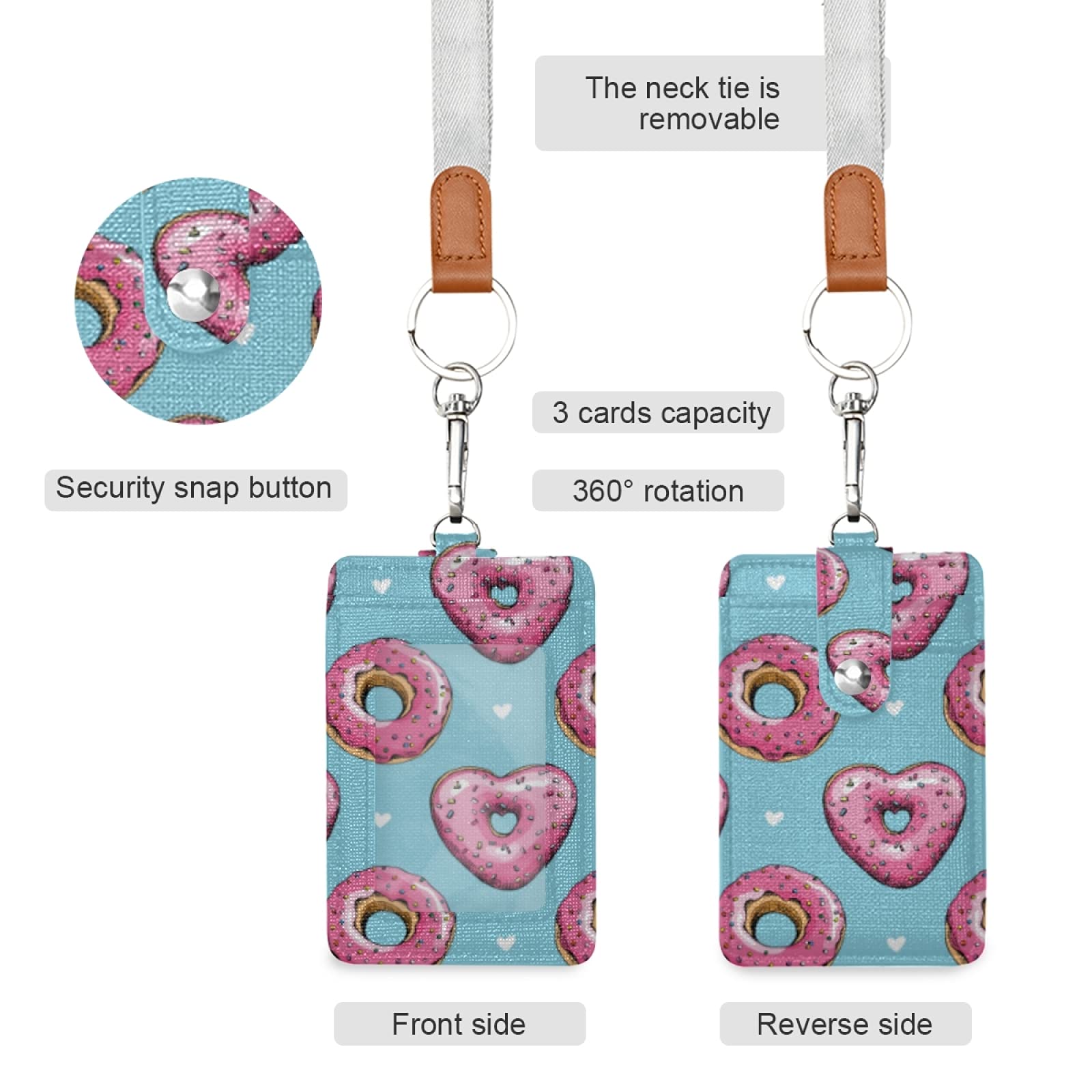 Pink Heart Donuts ID Badge Holder with Lanyard - Office & School Use