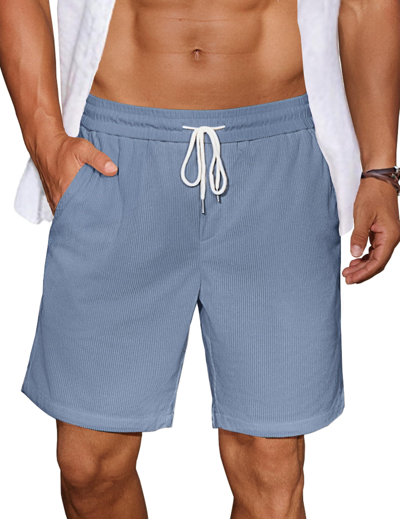 COOFANDY Men's Casual Corduroy Shorts - Elastic Waist & Drawstring - Lightweight Summer Beach Shorts with Pockets - Perfect for Outdoor Activities, Travel & Vacation