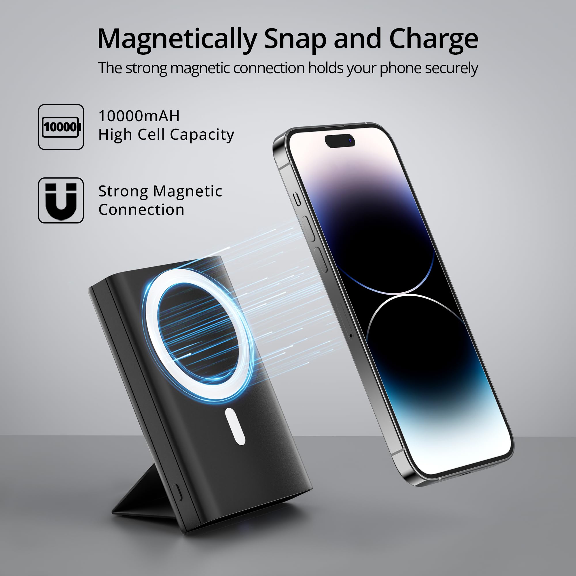 LULULOOK 10000mAh Magnetic Wireless Portable Charger | Foldable Mag-Safe Power Bank with 22.5W PD Fast Charging | USB-C Cable & LED Display | Compatible with iPhone 16/15/14/13/12/Pro/Mini/Pro Max (Black) | Perfect for Travel, Office & Outdoor Adventures