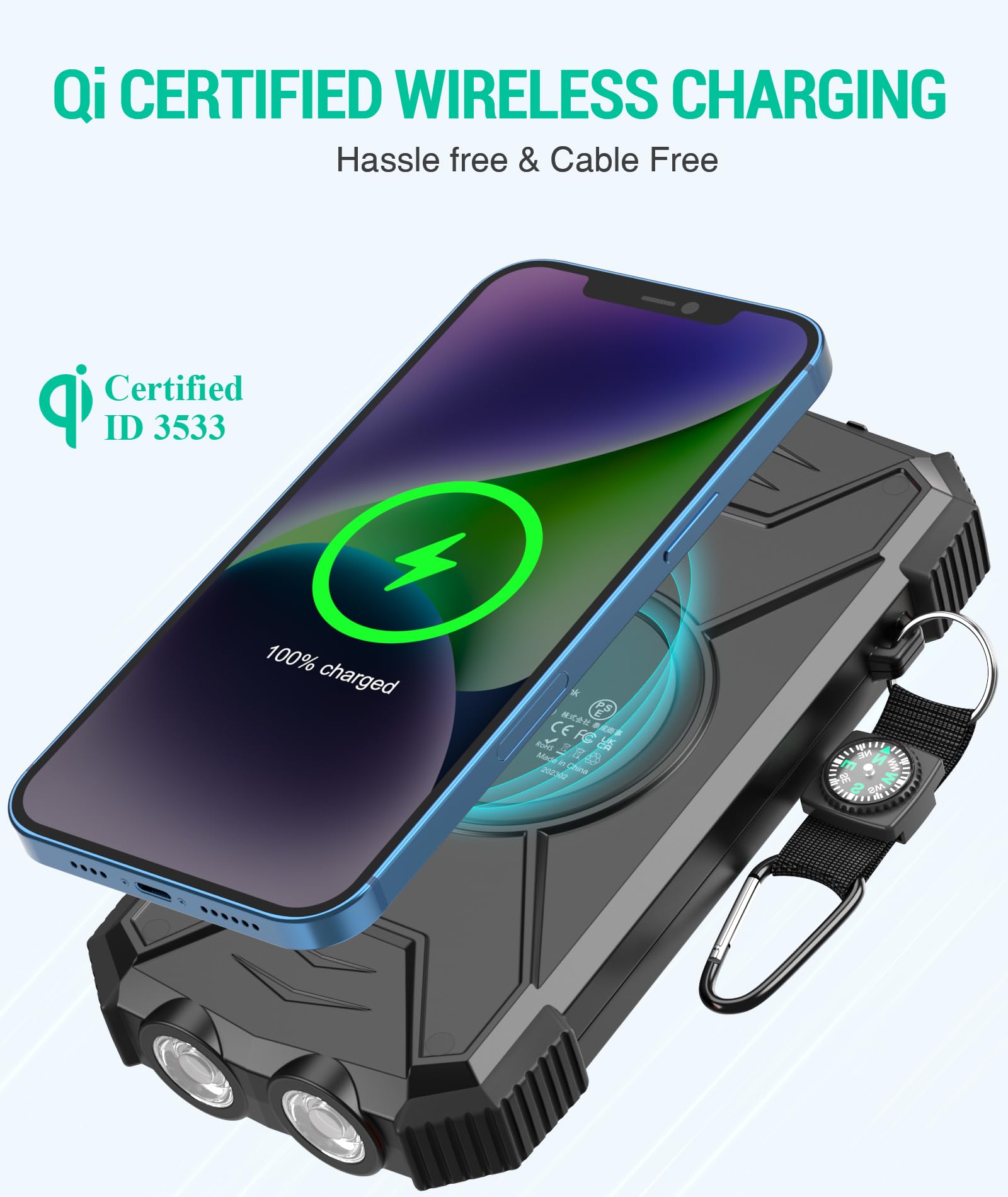 BLAVER 10,000mAh Solar Power Bank with 20W Fast Charging & Wireless Charger | Portable USB-C External Battery Pack for iPhone, Samsung, Android Phones | Solar Panel Charger with Dual Flashlights for Camping, Hiking, Emergency & Outdoor Adventures