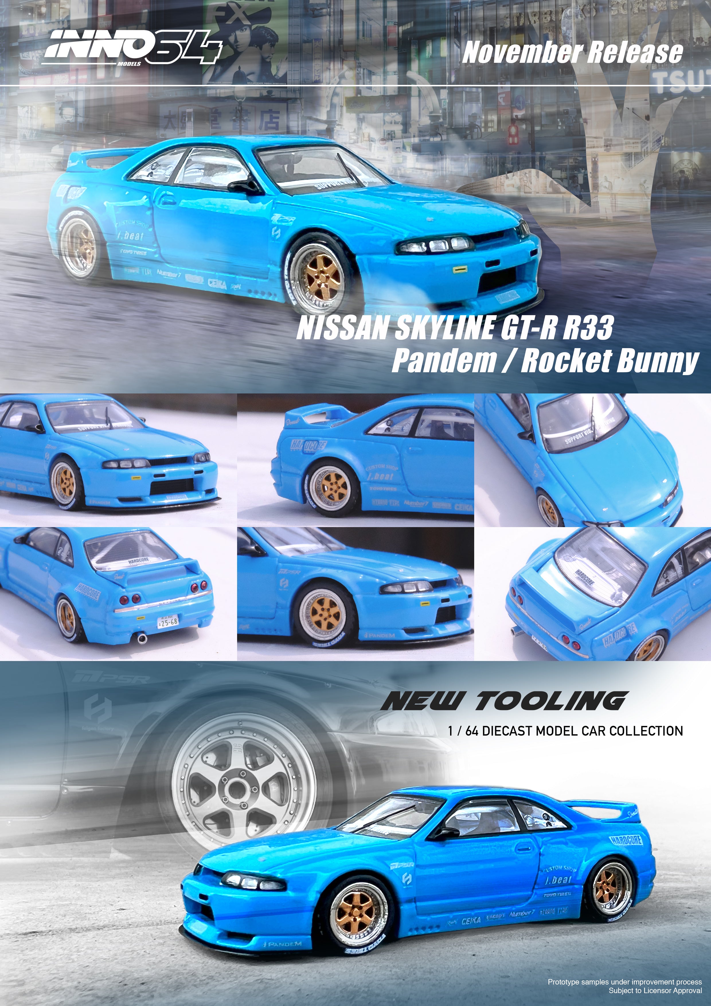 INNO64 1:64 Scale Nissan Skyline GT-R R33 Pandem Rocket Bunny Blue Diecast Model Car - Perfect for Collectors, Display Cases & Racing Dioramas