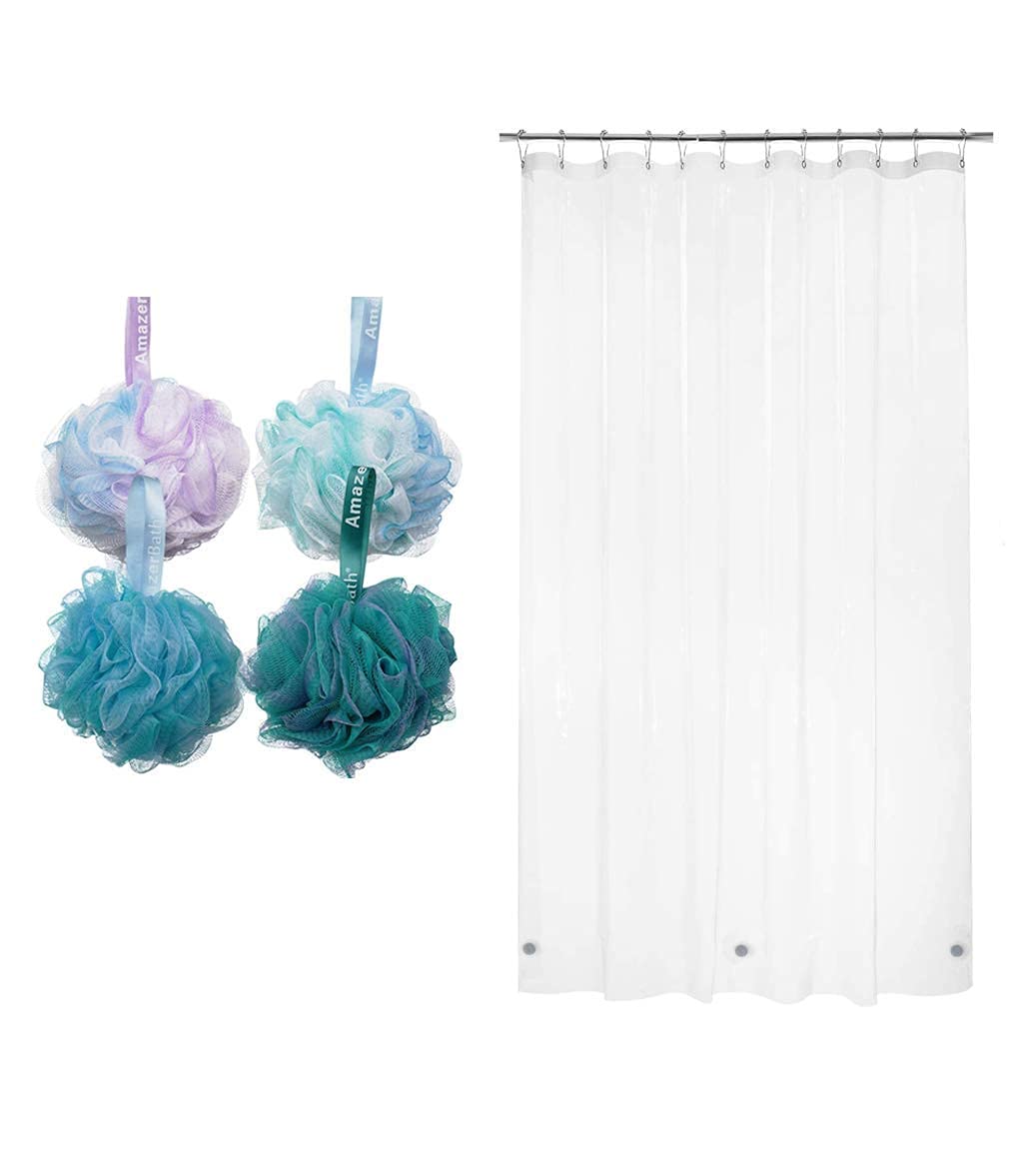 AmazerBath Premium Exfoliating Shower Sponge & Loofah Ball Set (60g) with PEVA 3G Magnetic Shower Curtain Liner (72x72 Inches, 12 Grommet Holes) - Body Wash Essential for Men & Women | Perfect for Bathroom, Spa Day, and Daily Shower Routine