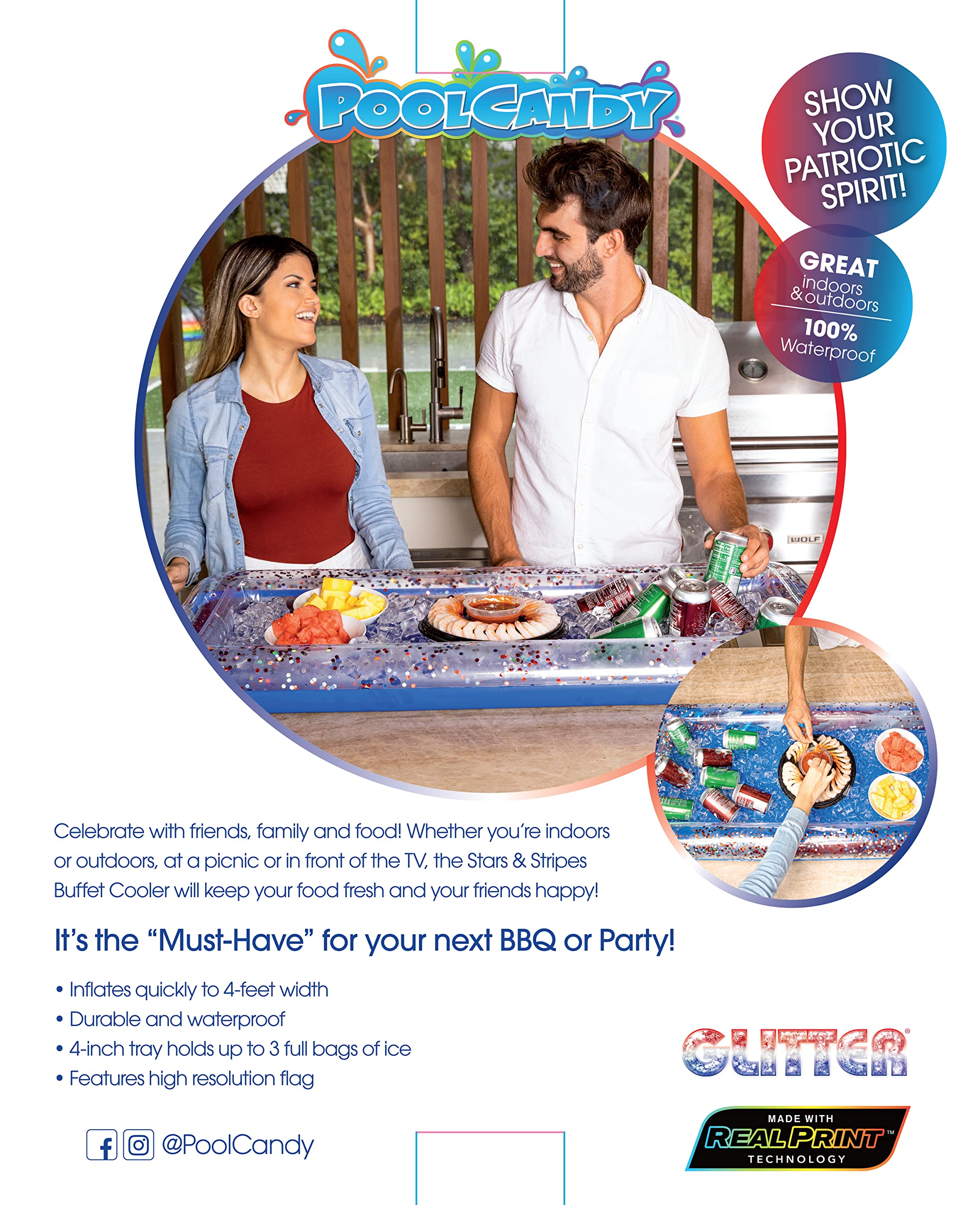 Poolcandy Inflatable Buffet Cooler with Stars & Stripes Glitter Design - Perfect for 4th of July Parties, Beach Picnics & Poolside BBQs