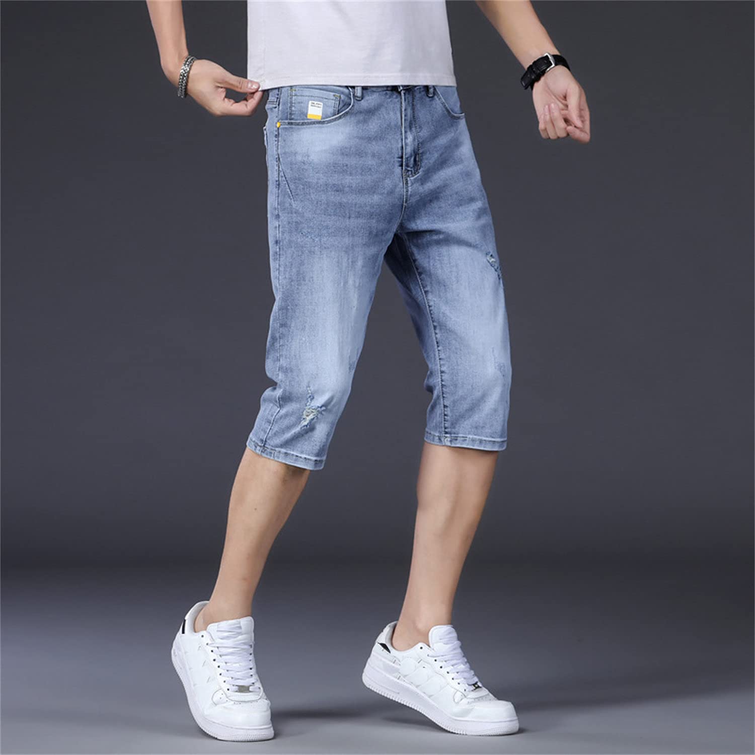 Men's Slim Fit Distressed Denim Shorts - Below Knee Length, Low Waist with Drawstring | Casual Summer Wear, Beach Outings & Street Style (Blue, Size 33)
