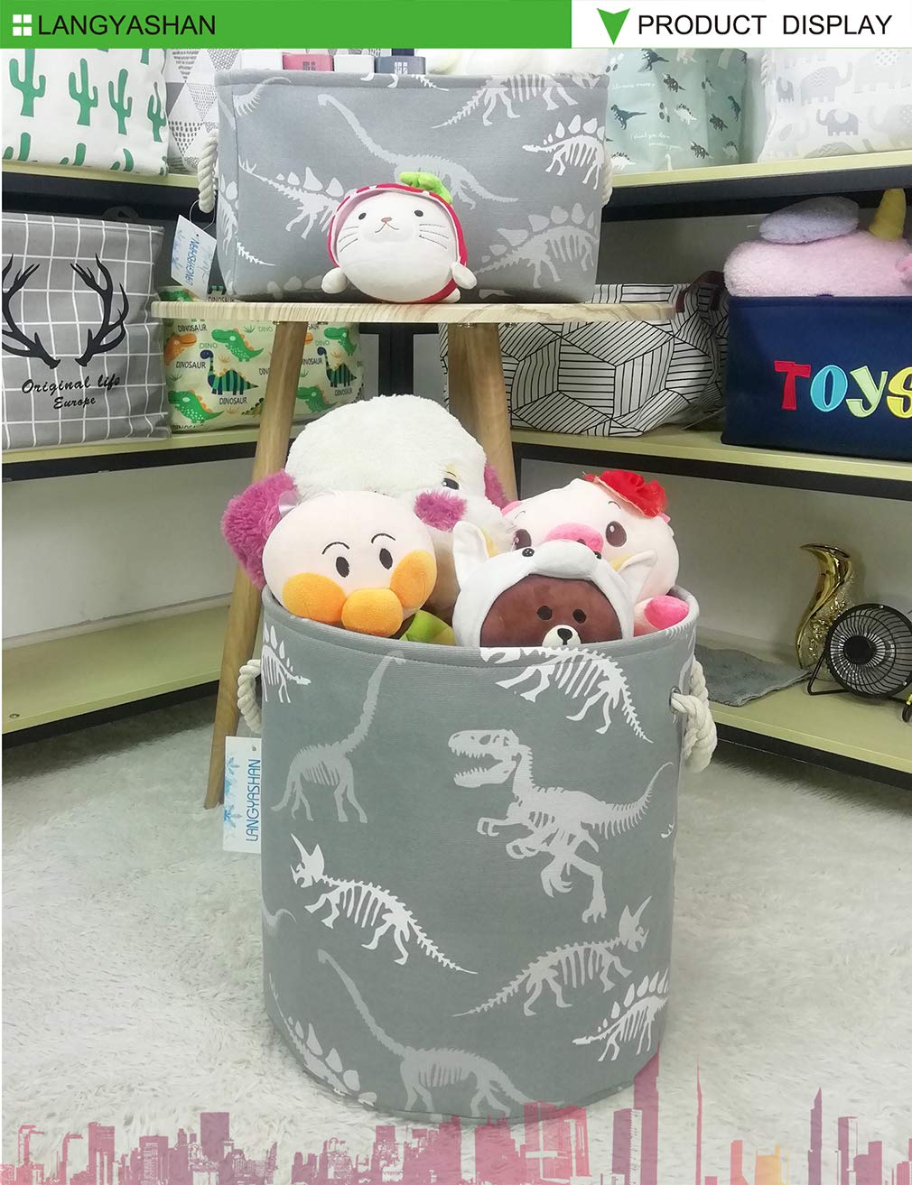 Collapsible Canvas Laundry Basket with Gray Dinosaur Print - Foldable Storage Organizer for Kids Room, Nursery, or Playroom - Perfect for Boys & Girls Clothes, Toys, and Nursery Organization