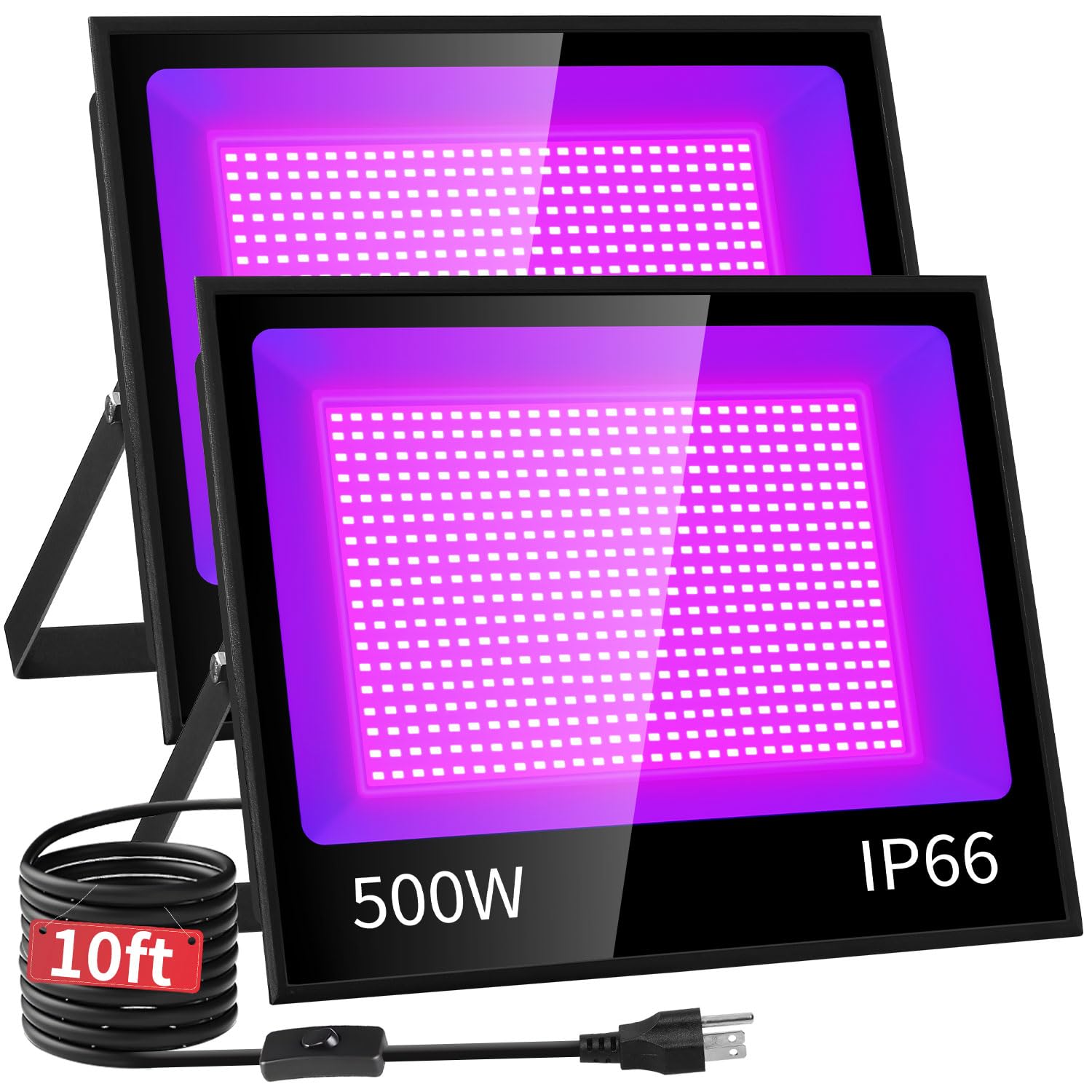 500W LED Black Light IP66 Waterproof Outdoor Blacklight Flood Light with Plug & Switch - Powerful UV Lighting for Neon Glow in Dark Parties, Large Spaces, Gyms, Clubs, Halloween Stage, Fluorescent Posters - Ideal for Night Events, Dance Floors & Glow Decor (2 Pack)