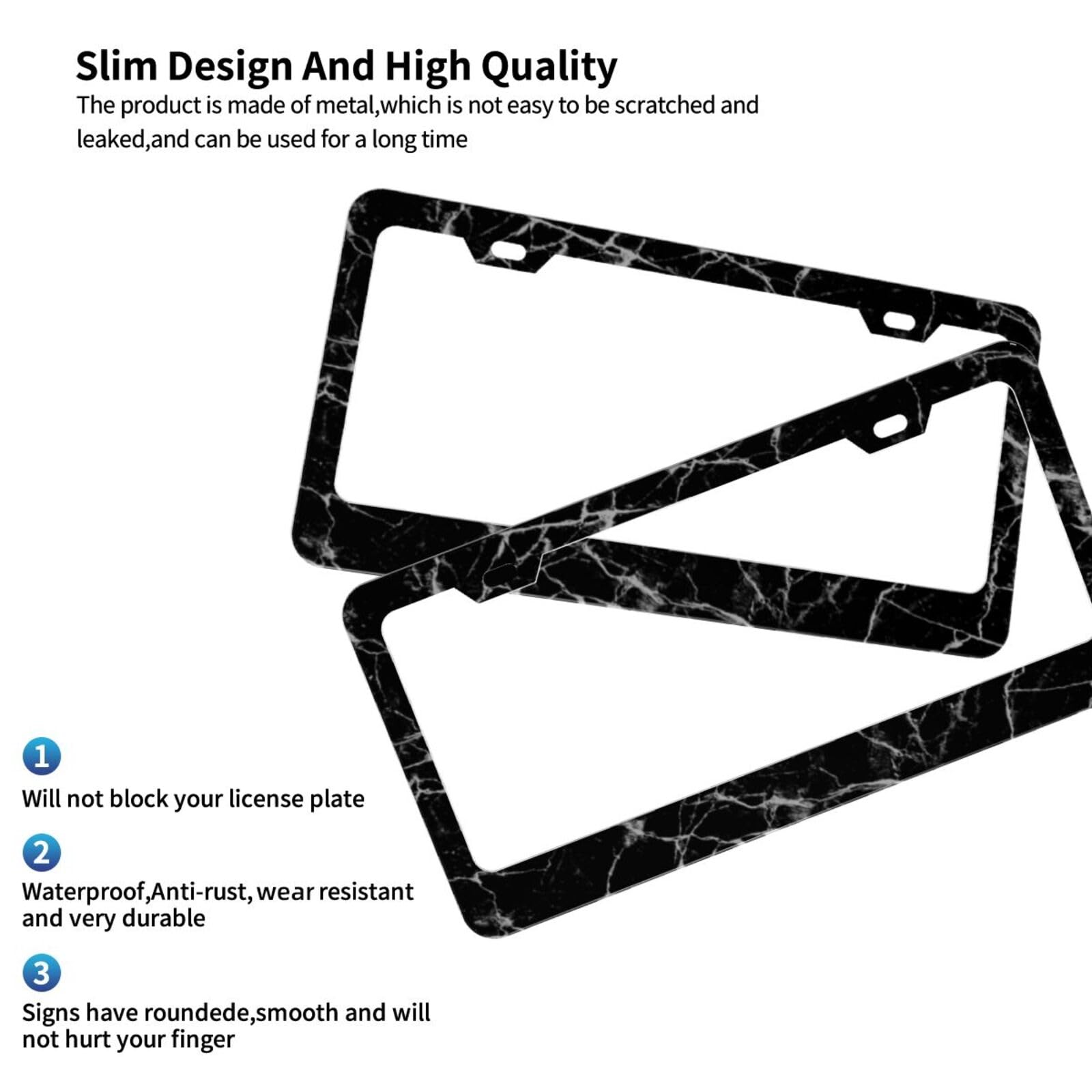 Premium Black & White Marble Matte Aluminum License Plate Frame with Black Screw Caps - 2 Pack (2 Holes) - Durable Car License Plate Cover Holder for US Vehicles - Perfect Gift for Men & Women - Ideal for Cars, Trucks, SUVs & Motorcycles