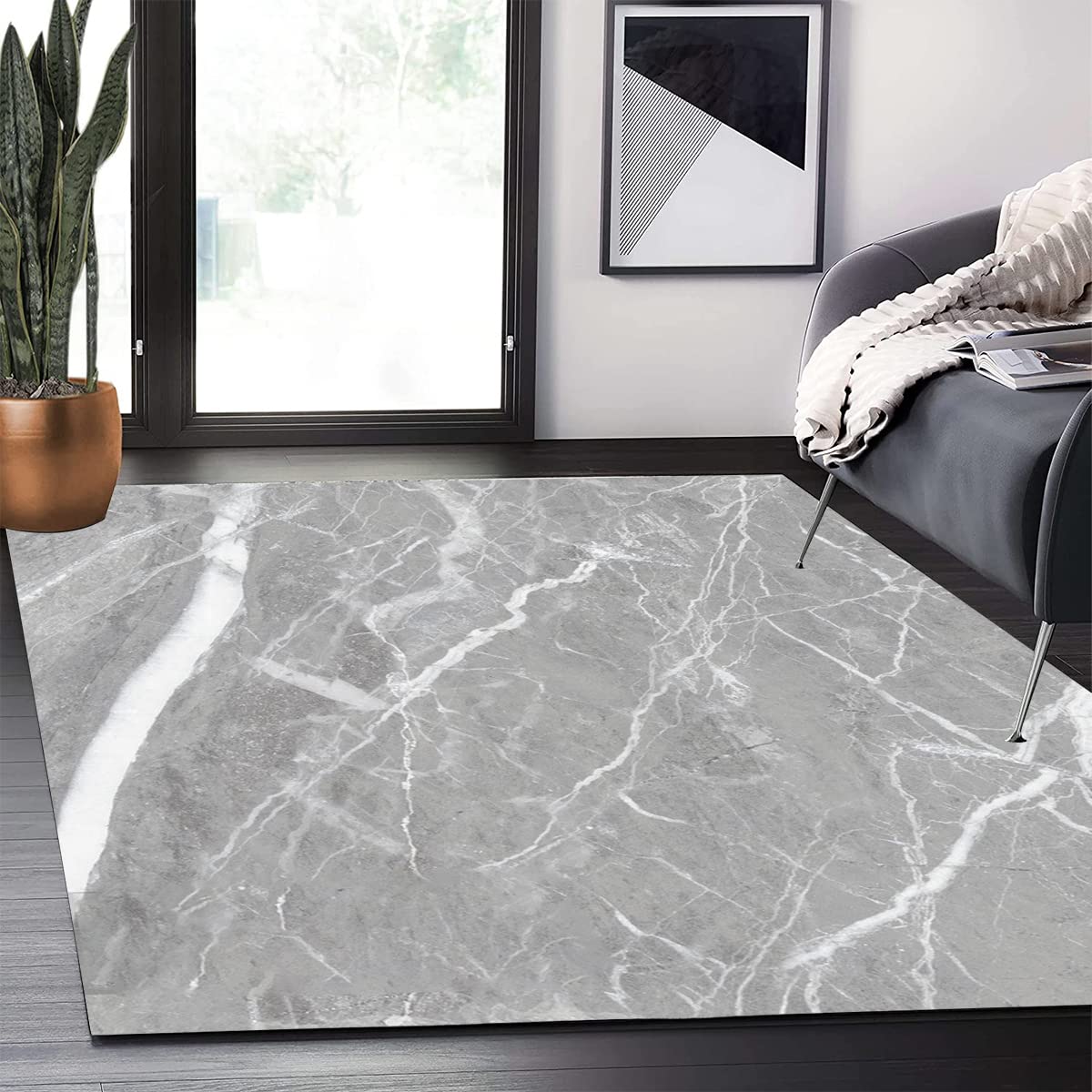 Grey White Marble Pattern Modern Abstract Area Rug 6x9 ft - Vintage Distressed Non-Shedding Soft Carpet for Living Room, Bedroom, Office - Perfect Under Dining Table, Coffee Table & Art Deco Spaces