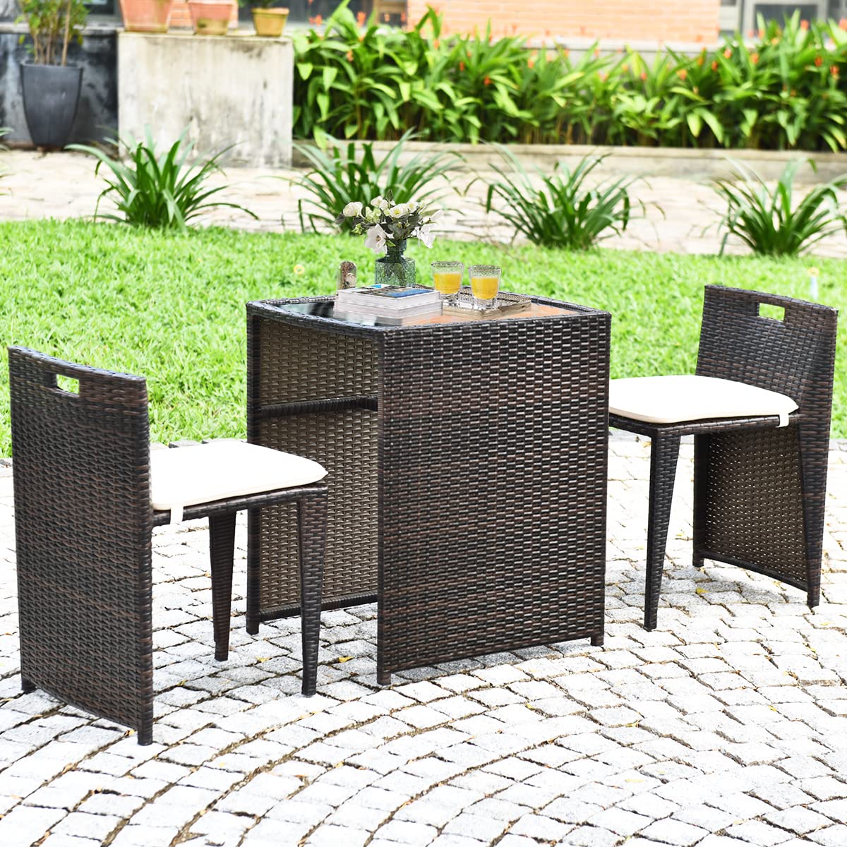RELAX4LIFE 3-Piece Outdoor Patio Furniture Set - PE Rattan Wicker Bistro Set with Cushions & Glass Top Table, Brown - Perfect for Garden, Balcony, Poolside & Backyard Relaxation