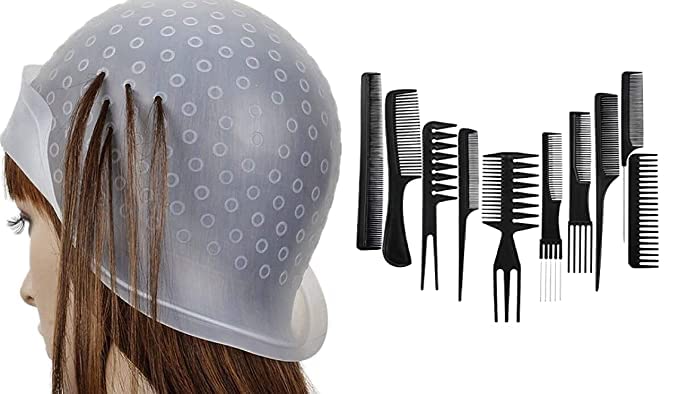 Professional Reusable Silicone Hair Dye Highlight Cap & 10-Piece Salon Styling Comb Set - Durable Hair Coloring Tools for DIY & Salon Use - Perfect for Balayage, Highlights, and Ombre Hair Styling