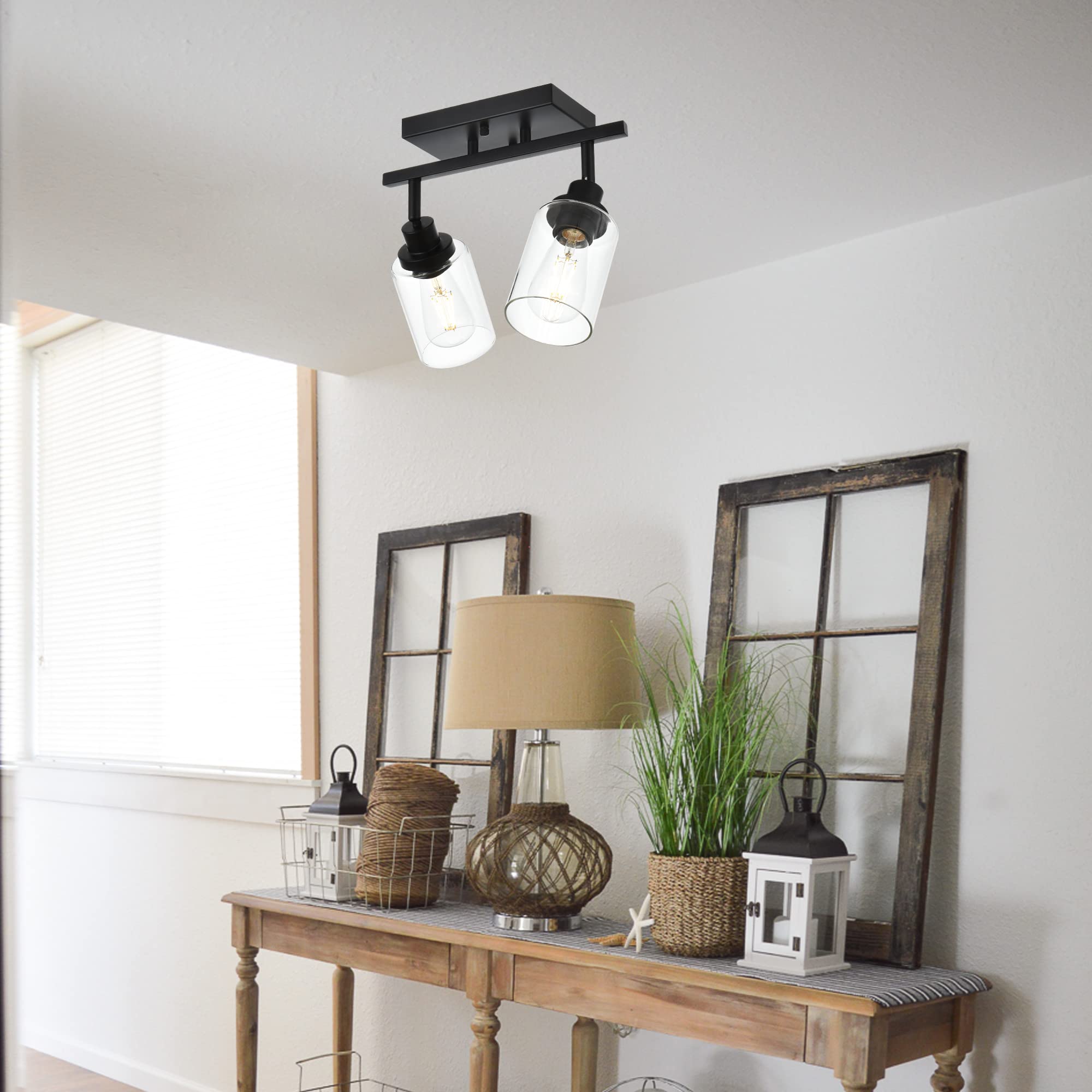MELUCEE 13.8 Inch Black 2-Light Wall Sconce Spotlight - Semi Flush Mount Ceiling Light with Rotatable Track & Clear Glass Shade - Perfect for Bathroom, Hallway, Porch, Foyer & Storage Areas Lighting