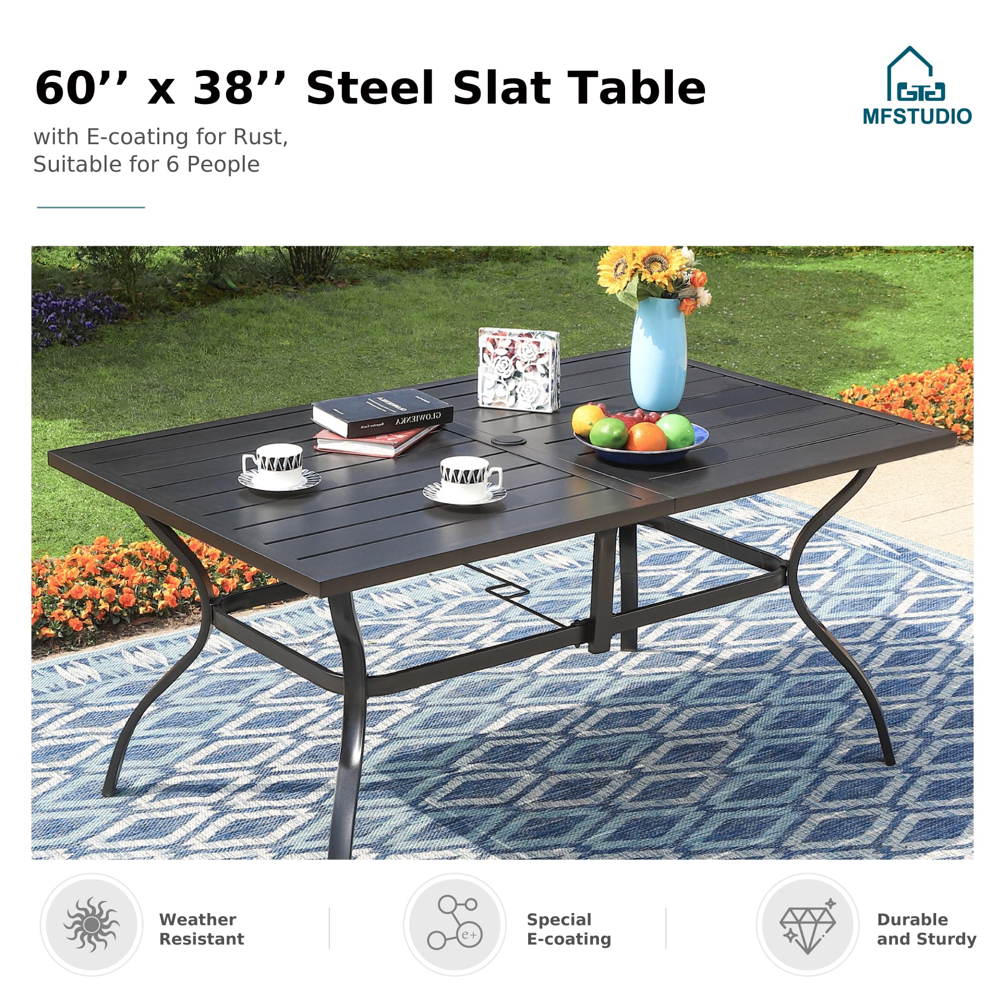 MFSTUDIO 7-Piece Outdoor Rattan Wicker Dining Set for 6 with Cushioned Chairs - Patio Furniture Set with Rectangular Table - Weather-Resistant Metal Frame - Perfect for Backyard, Garden, Poolside & Outdoor Entertaining